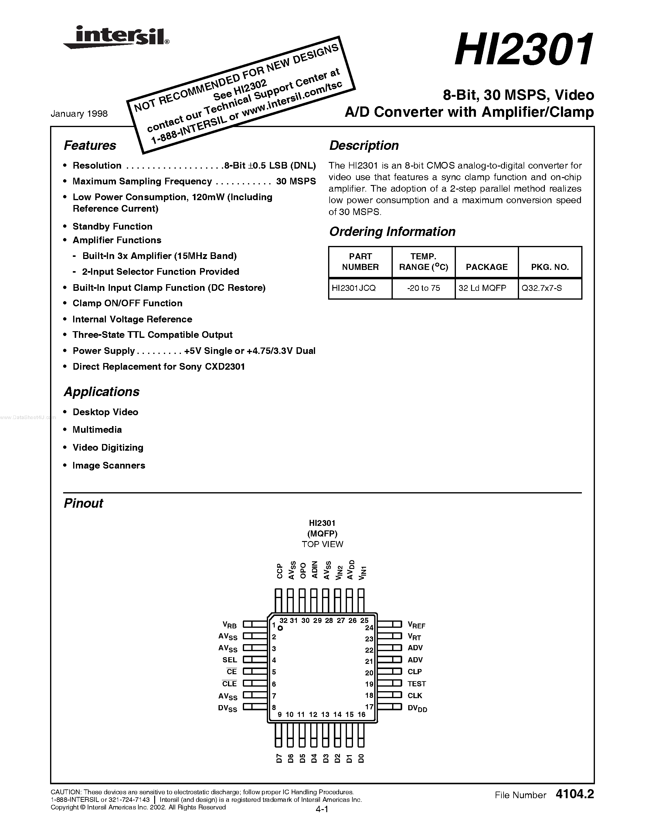 Даташит на микросхему HI2301 страница 1 Даташит HI2301 - Video A/D Converter страница 1