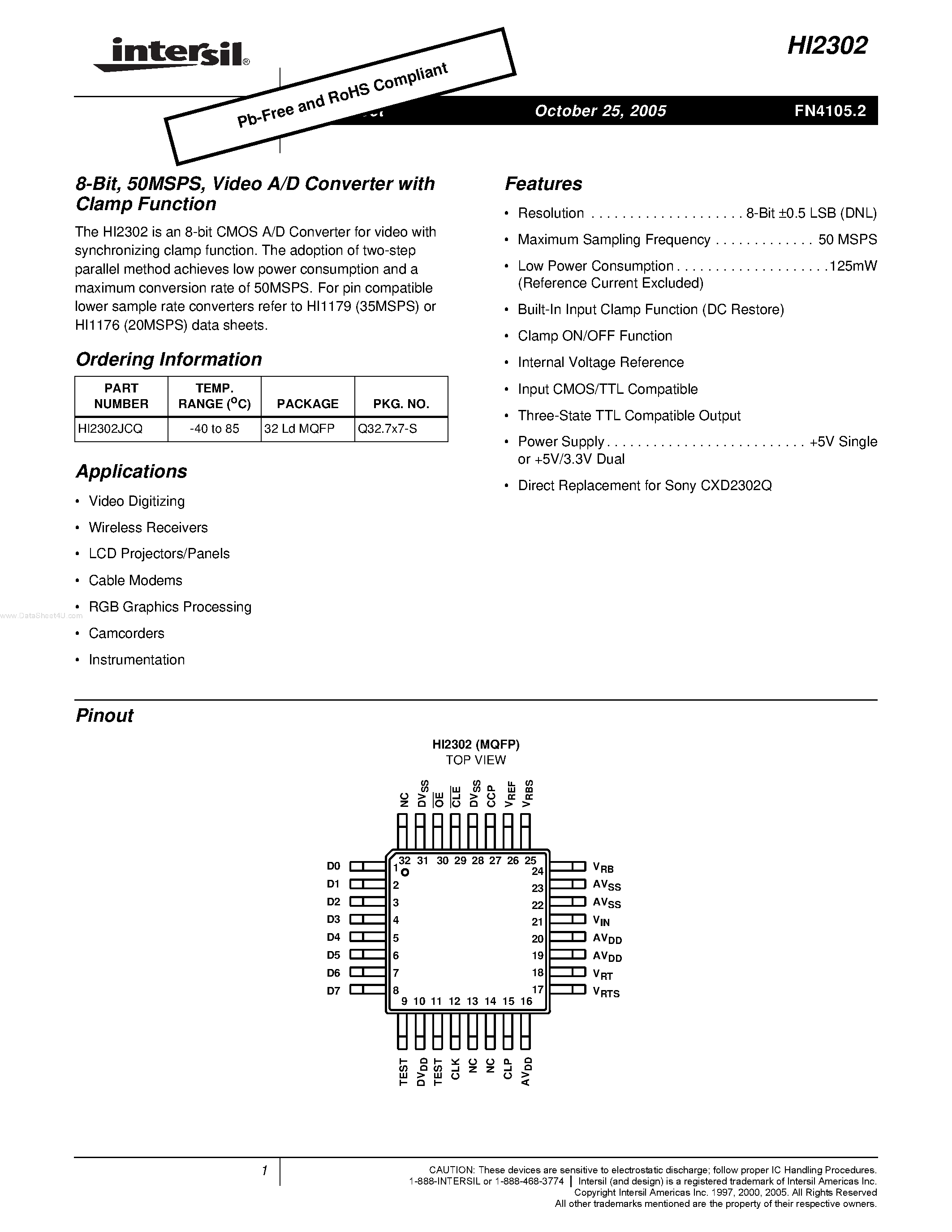Даташит на микросхему HI2302 страница 1 Даташит HI2302 - Video A/D Converter страница 1