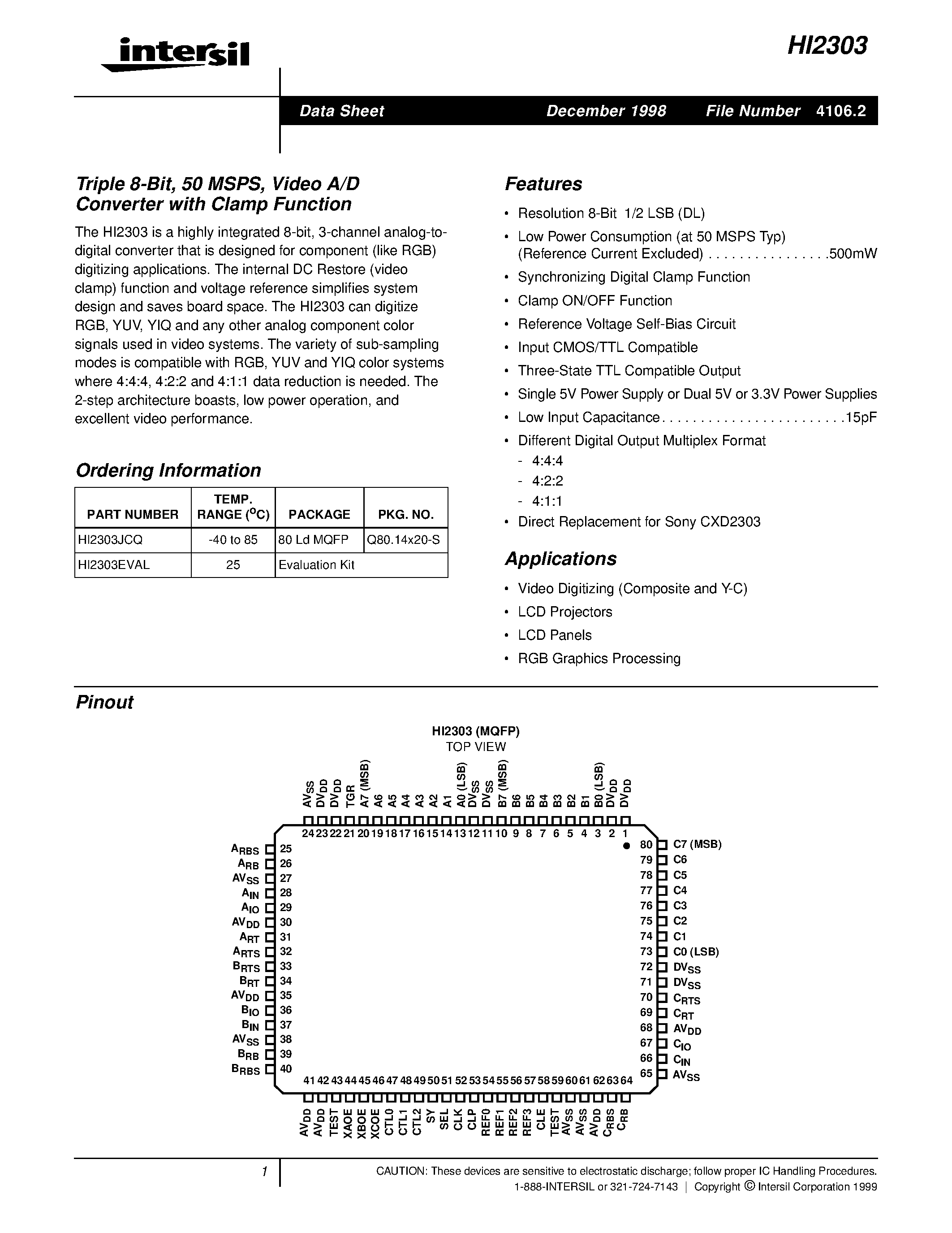 Даташит на микросхему HI2303 страница 1 Даташит HI2303 - Video A/D Converter страница 1
