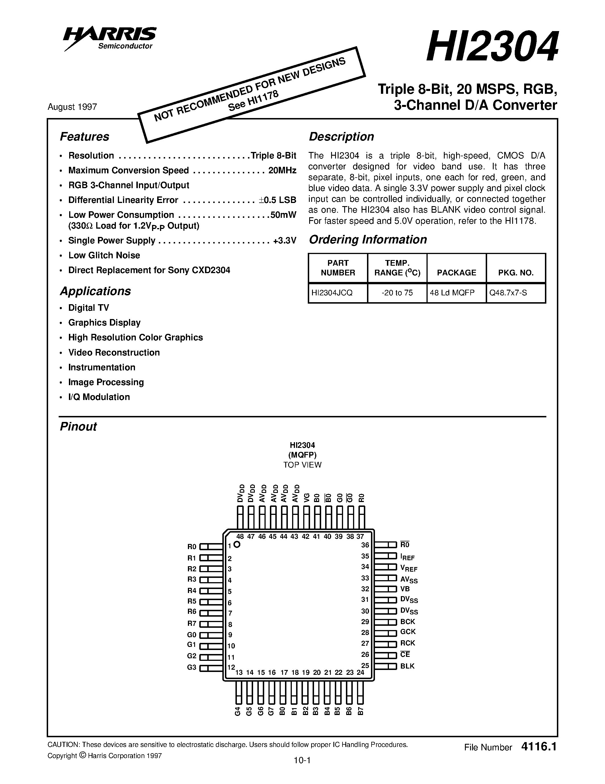 Даташит на микросхему HI2304 страница 1 Даташит HI2304 - 3-Channel D/A Converter страница 1