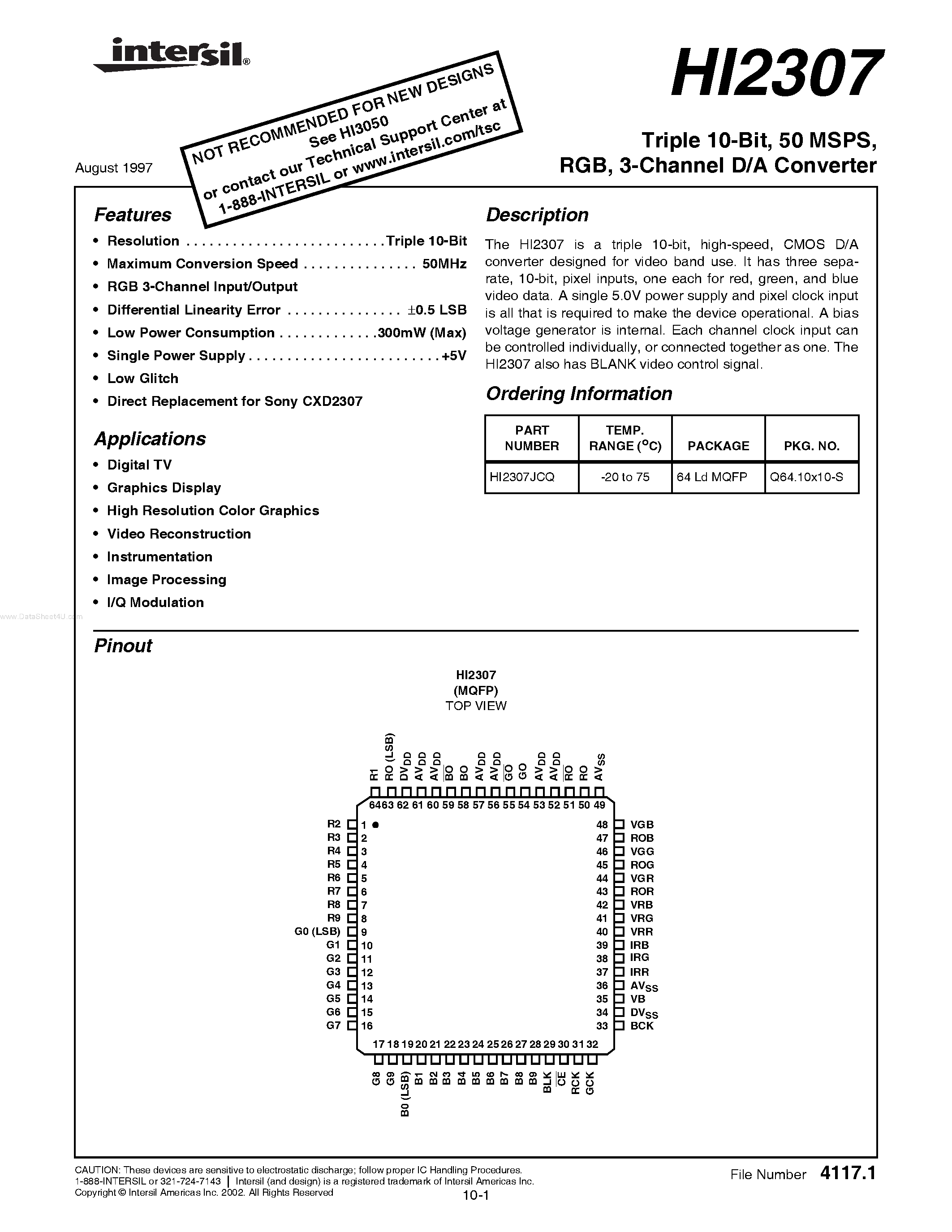 Даташит на микросхему HI2307 страница 1 Даташит HI2307 - 3-Channel D/A Converter страница 1