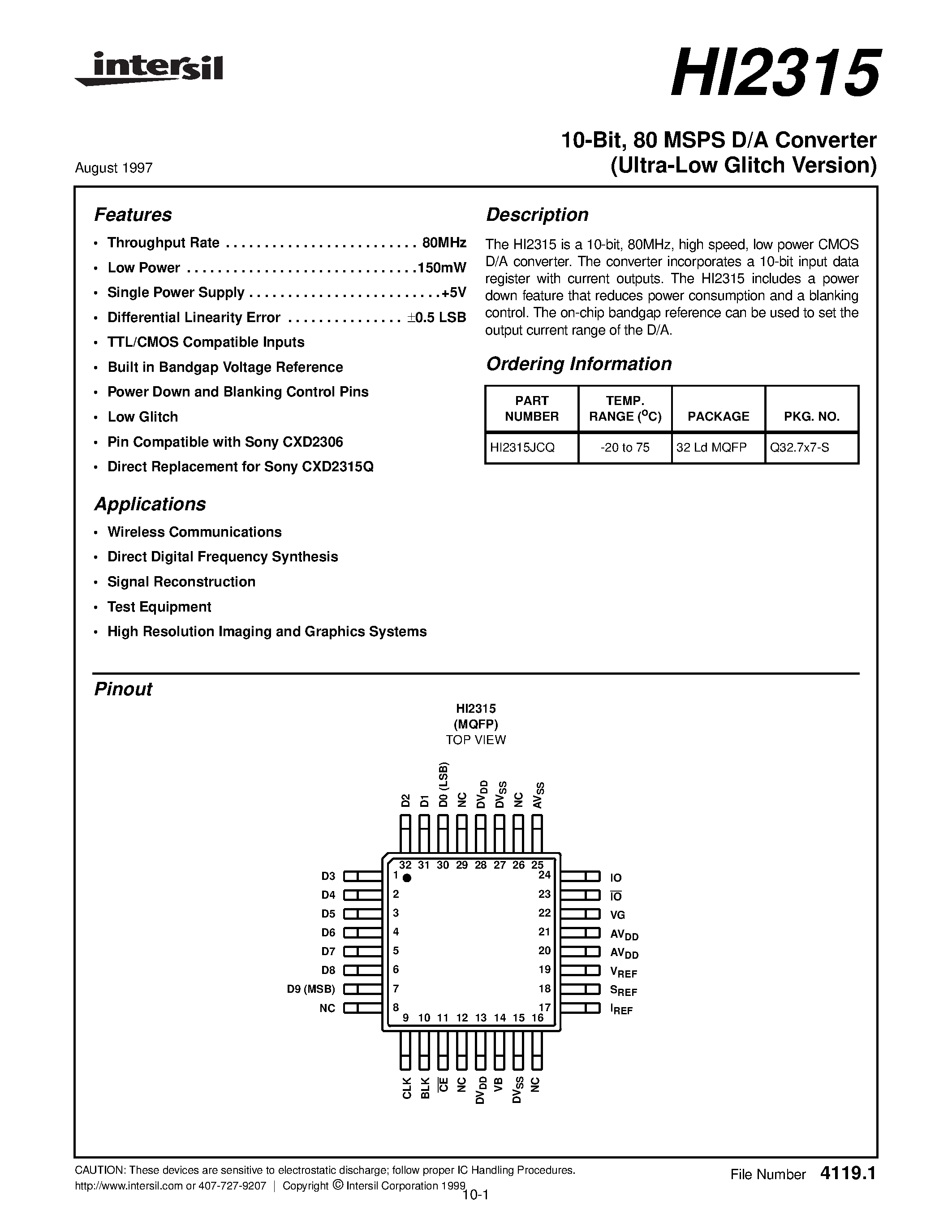 Даташит HI2315 - 80 MSPS D/A Converter страница 1