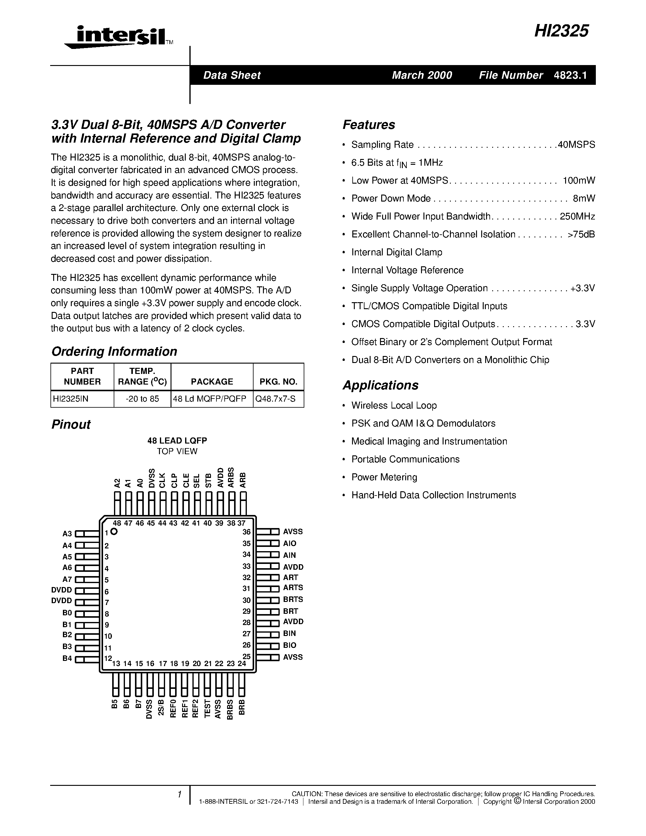 Даташит HI2325 - 40MSPS A/D Converter страница 1