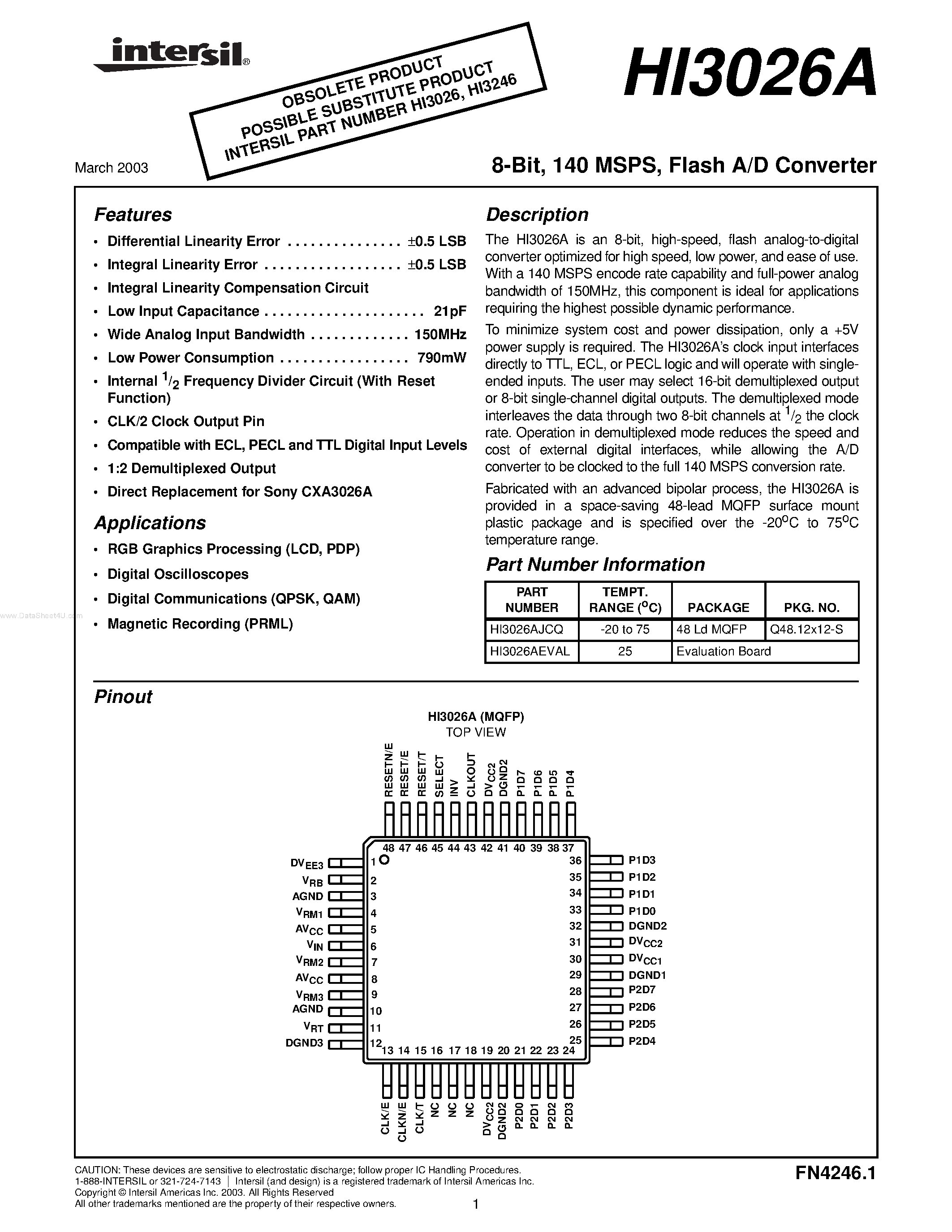 Даташит HI3026A - Flash A/D Converter страница 1