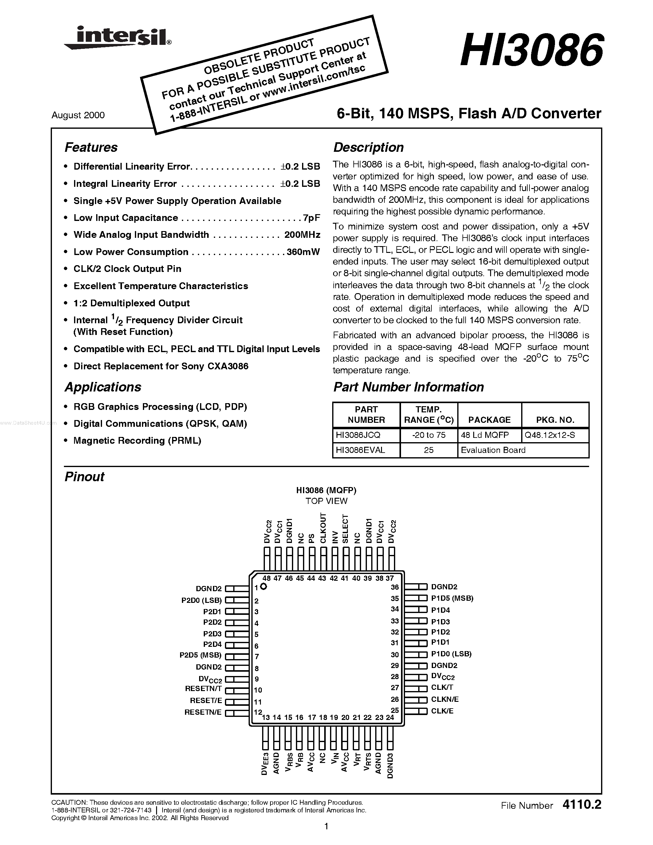 Даташит HI3086 - Flash A/D Converter страница 1