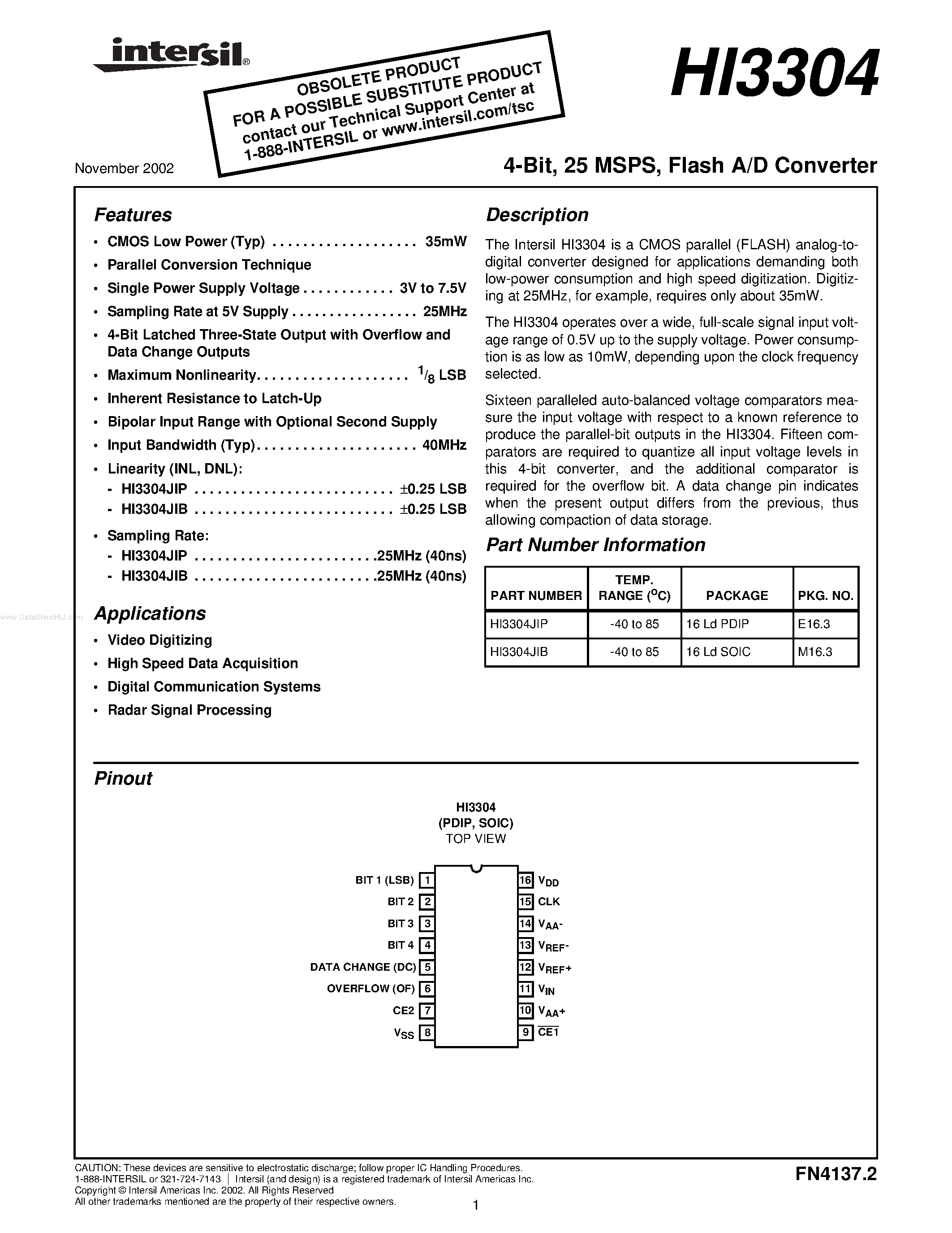 Даташит HI3304 - Flash A/D Converter страница 1