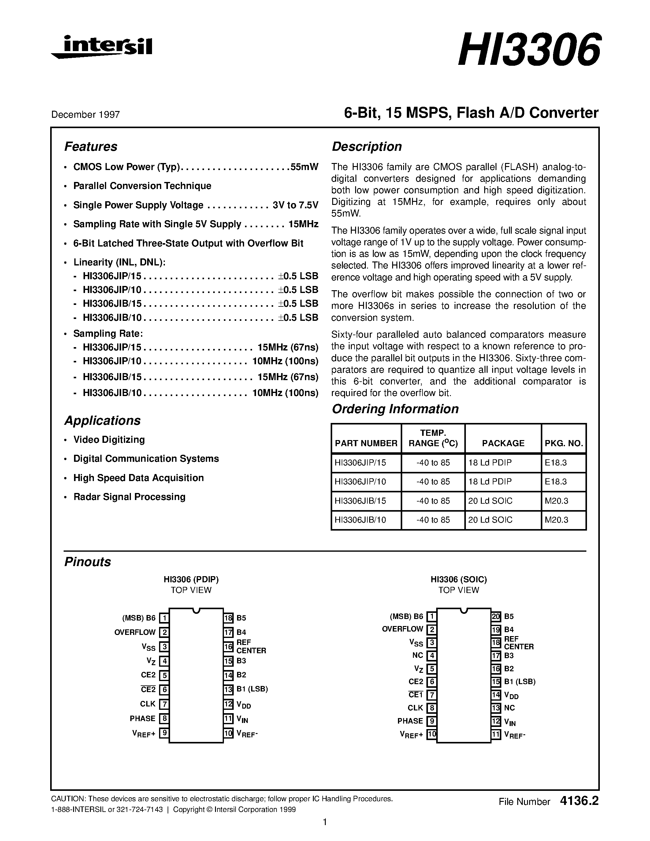 Даташит на микросхему HI3306 страница 1 Даташит HI3306 - Flash A/D Converter страница 1