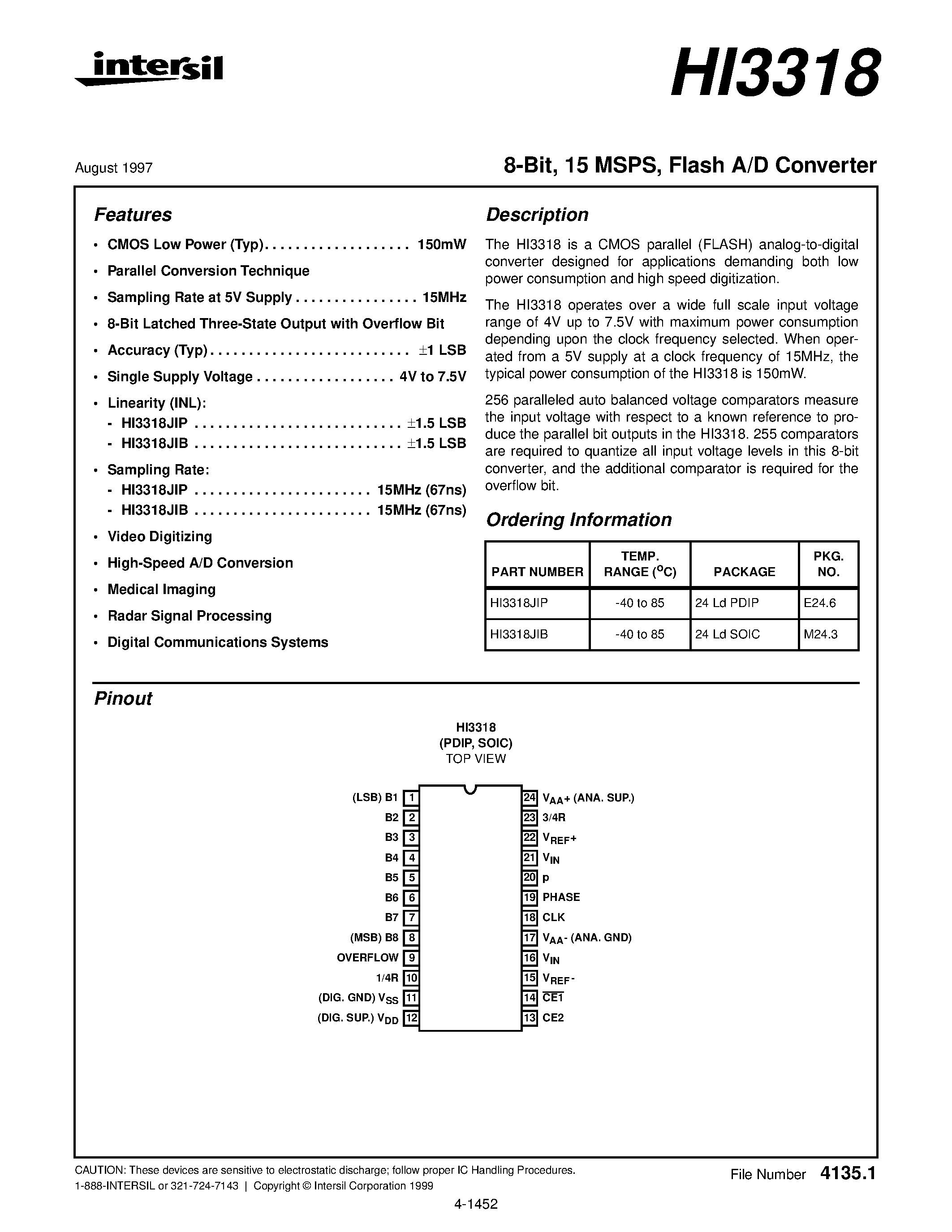 Даташит HI3318 - Flash A/D Converter страница 1
