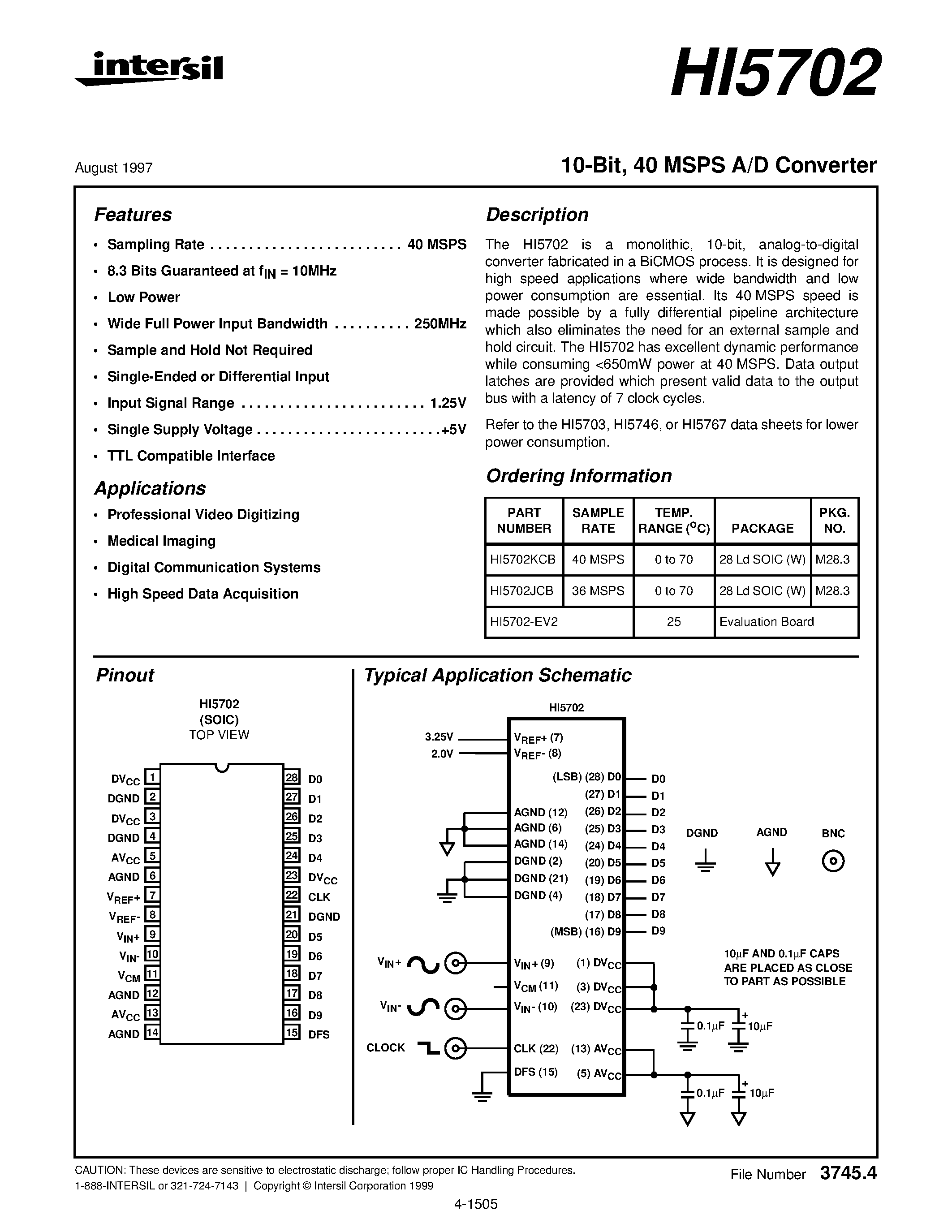 Даташит HI5702 - 40 MSPS A/D Converter страница 1