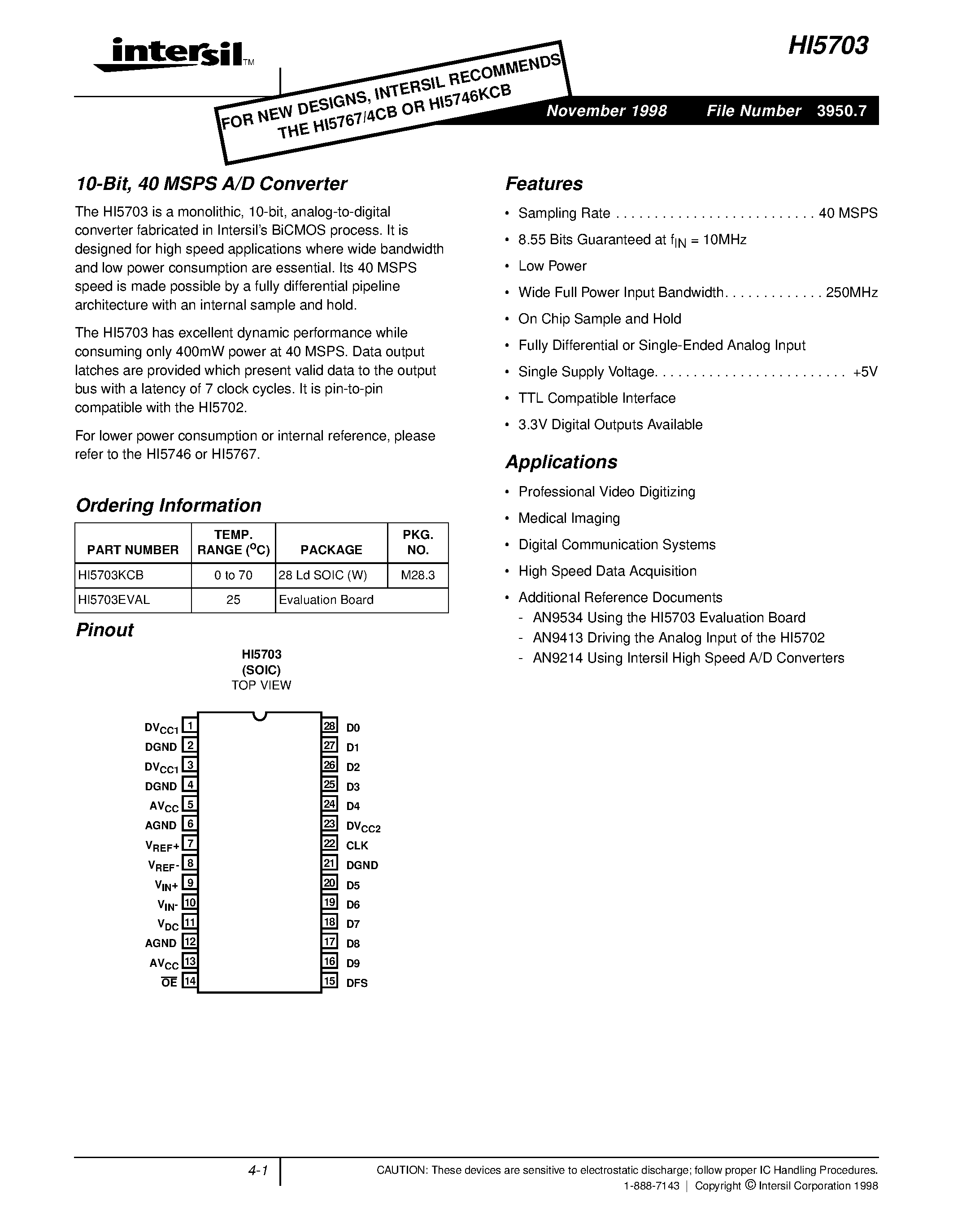 Даташит HI5703 - 40 MSPS A/D Converter страница 1