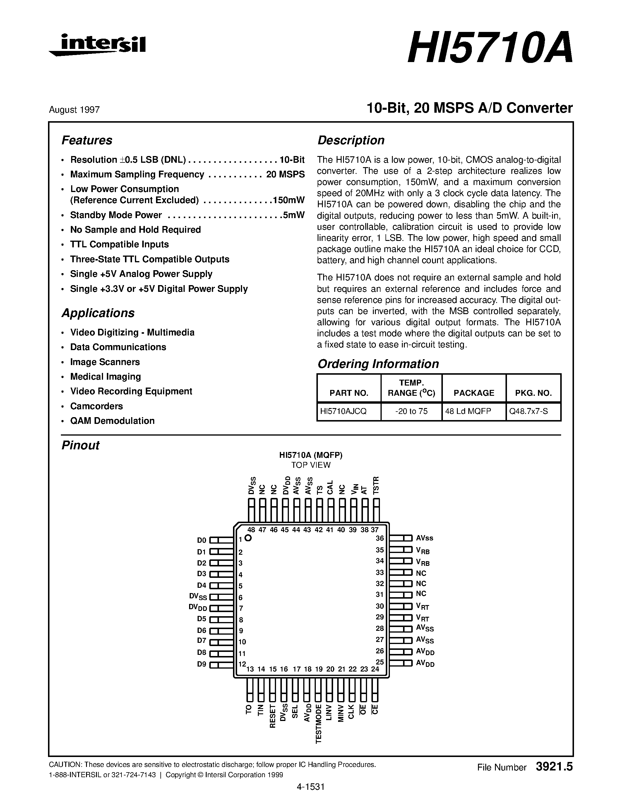 Даташит HI5710A - A/D Converter страница 1