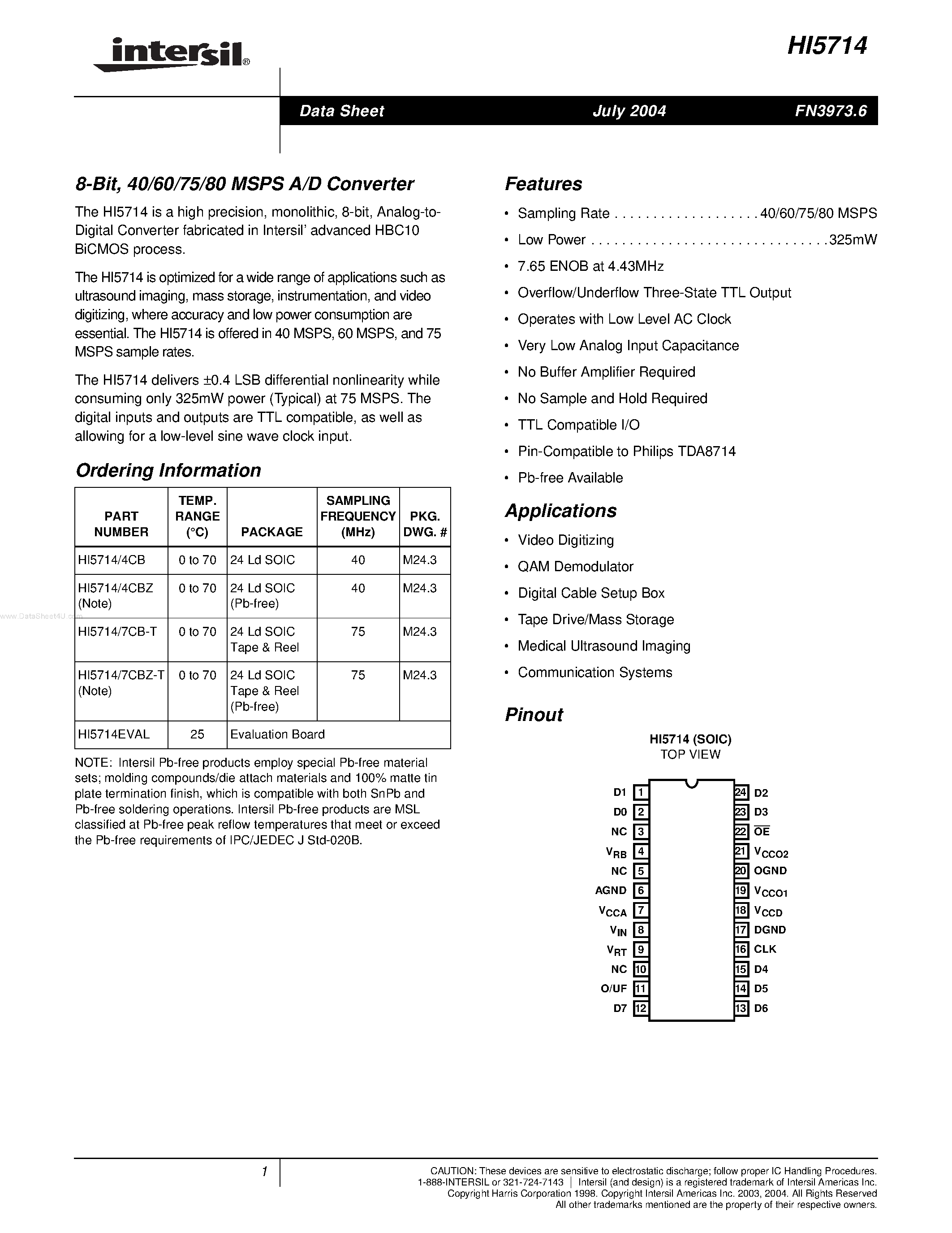 Даташит HI5714 - A/D Converter страница 1