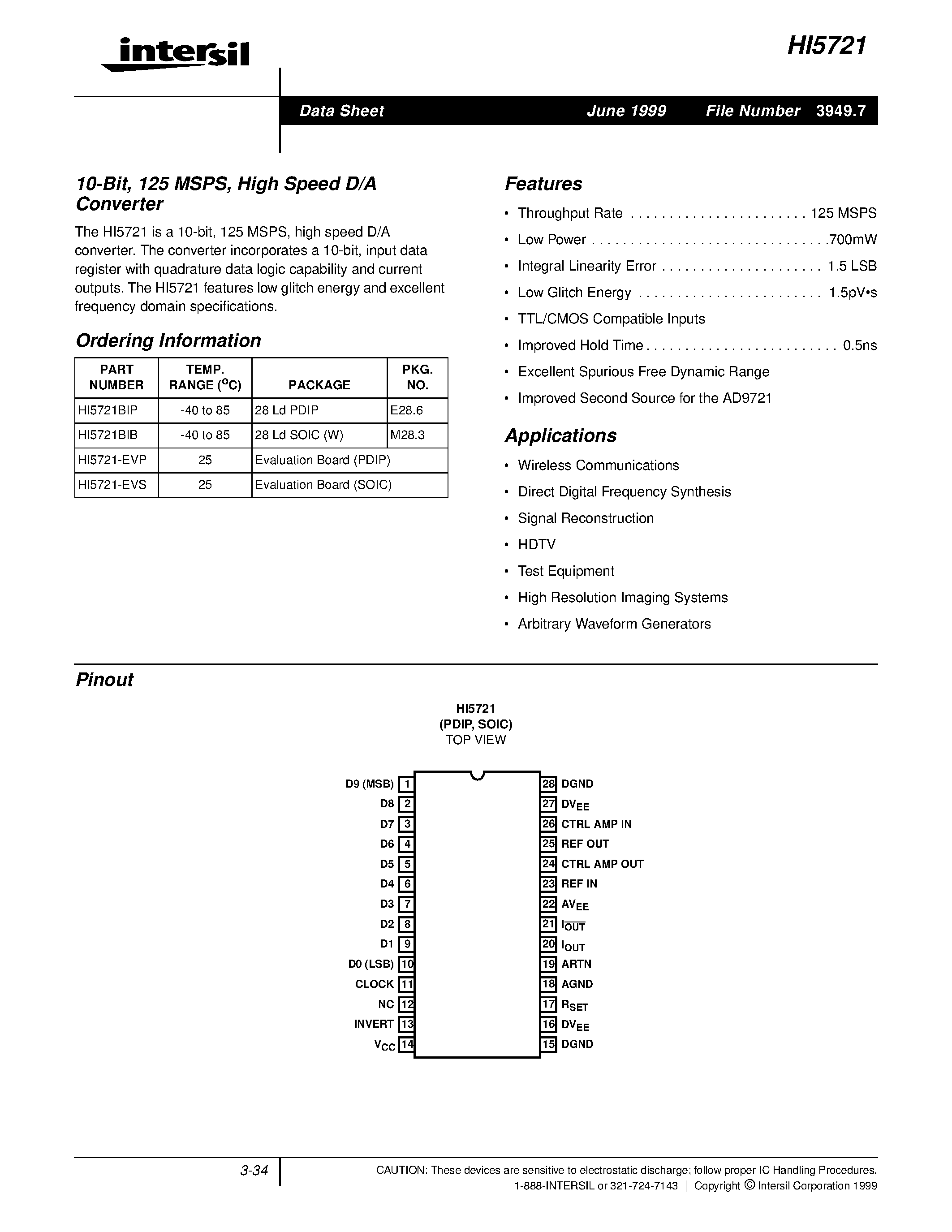 Datasheet HI5721 page 1 Datasheet HI5721 - A/D Converter page 1