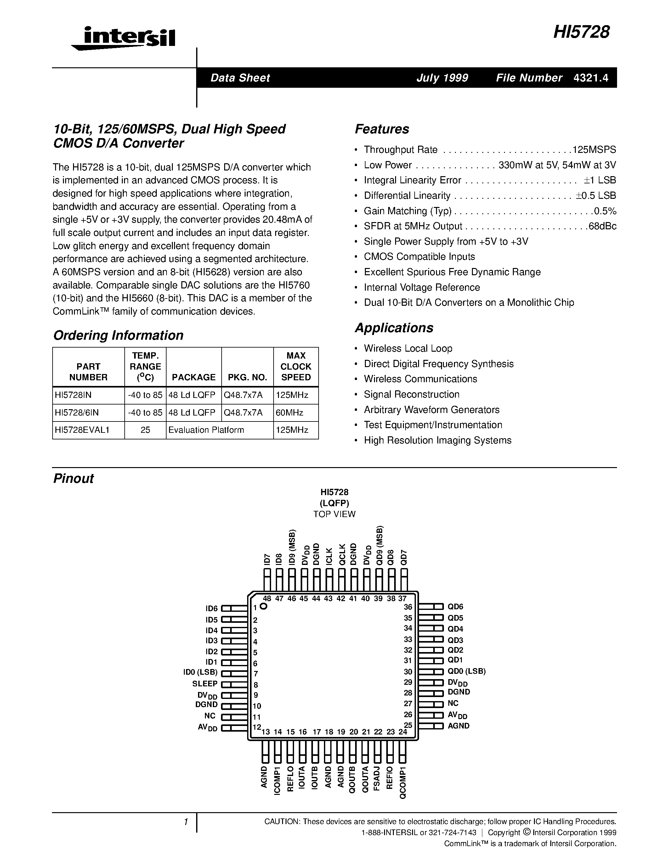 Даташит HI5728 - A/D Converter страница 1