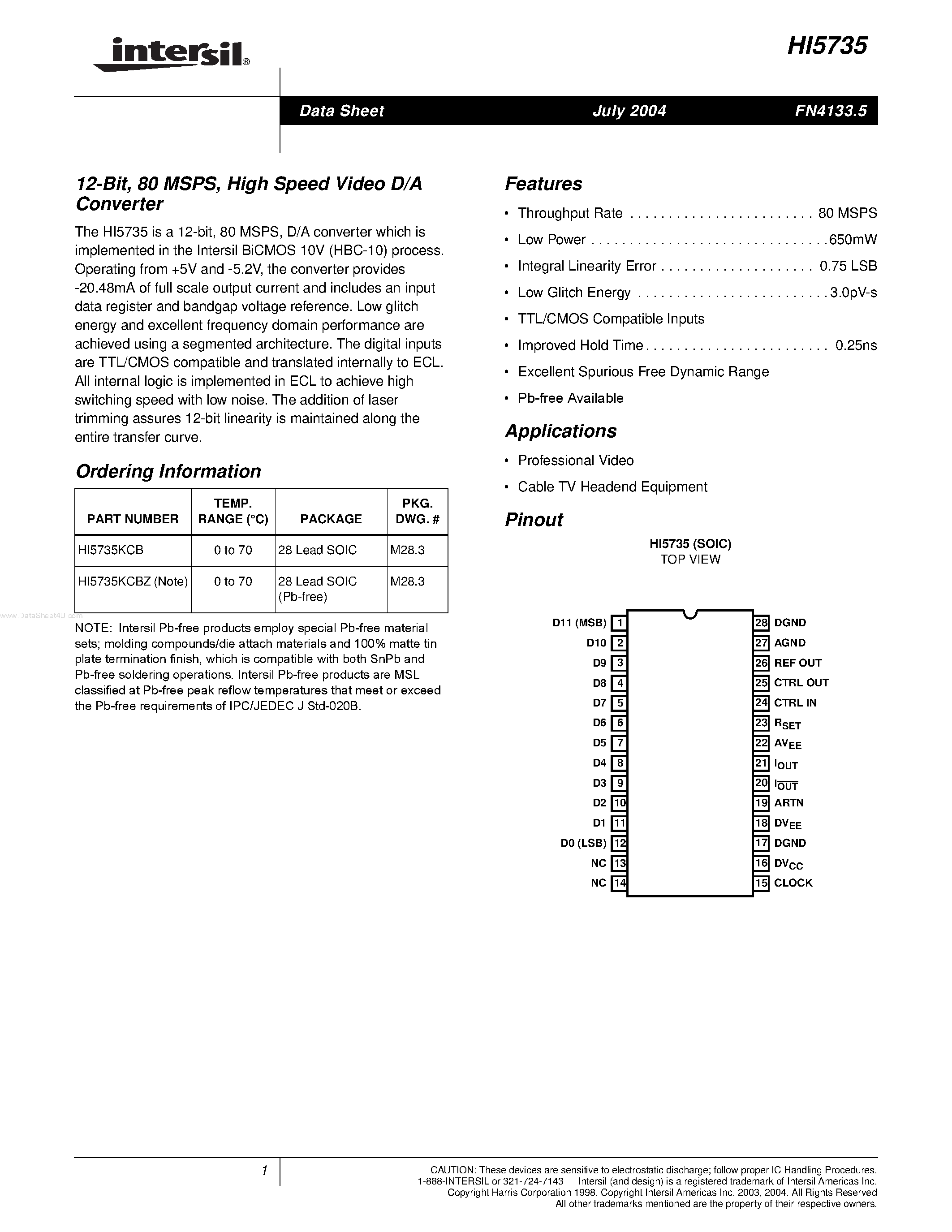 Даташит HI5735 - A/D Converter страница 1