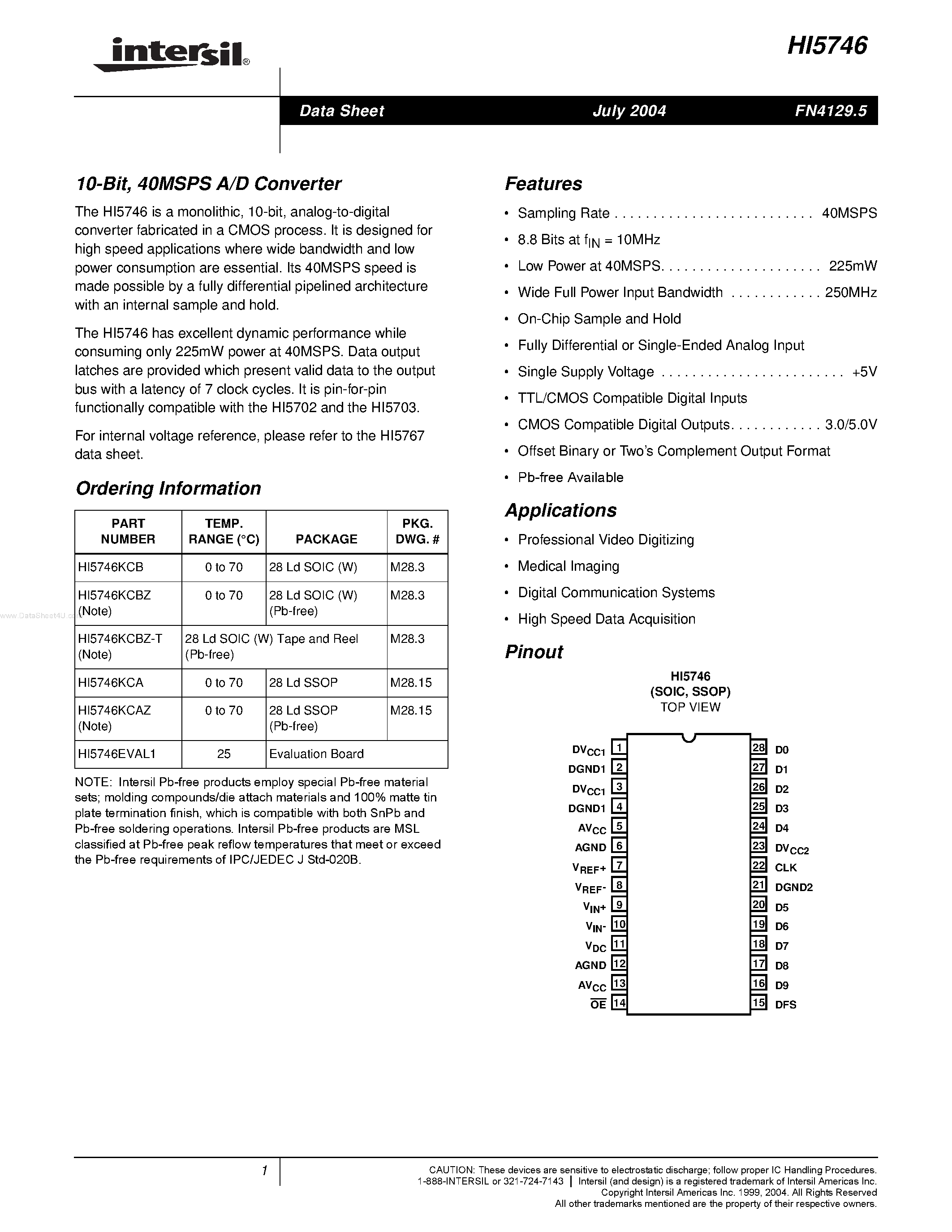 Даташит HI5746 - A/D Converter страница 1