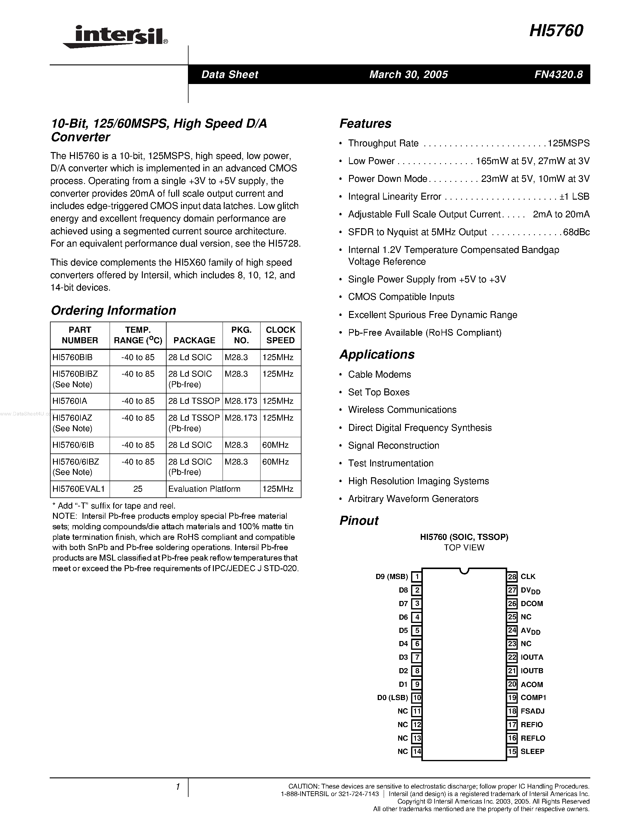 Даташит HI5760 - A/D Converter страница 1
