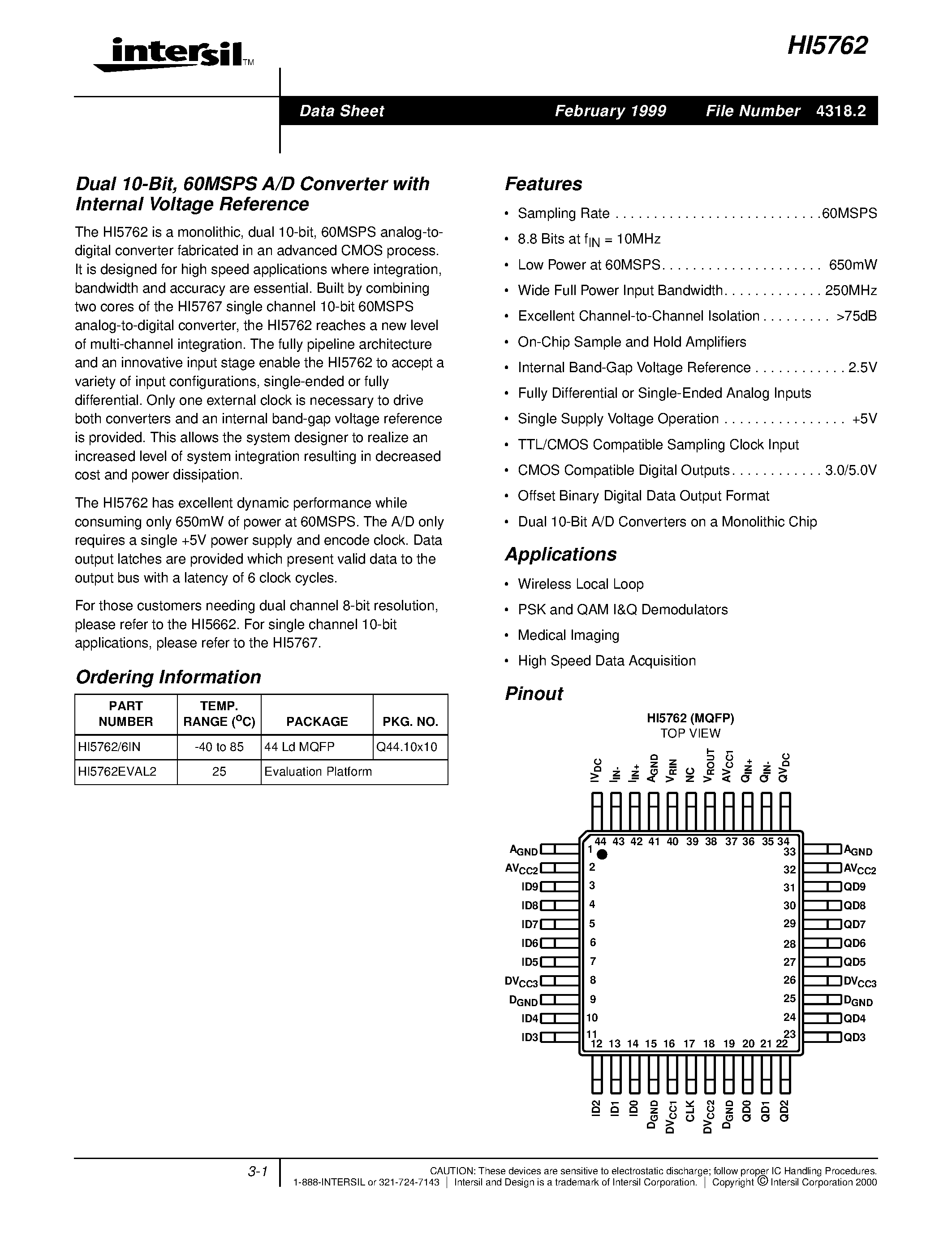 Даташит HI5762 - A/D Converter страница 1