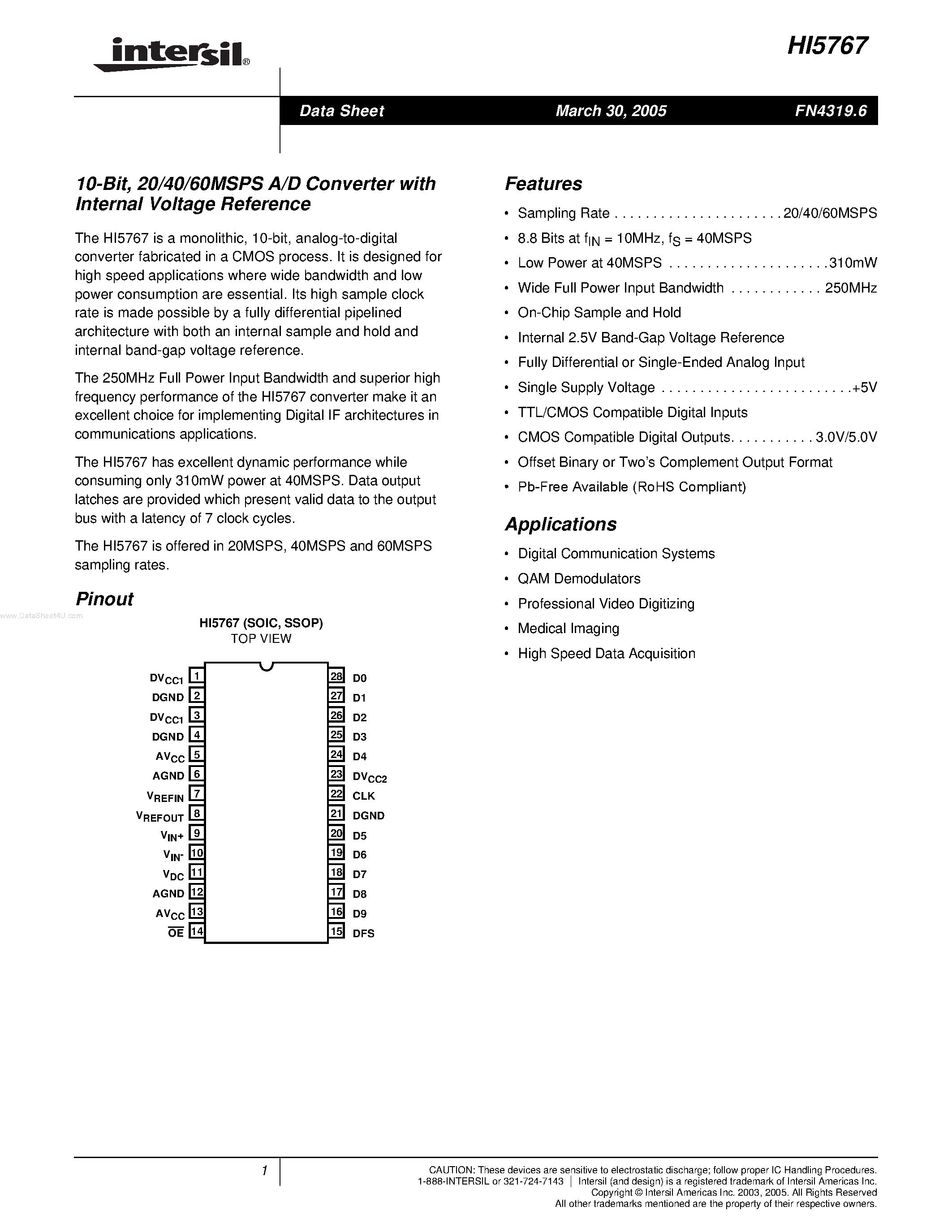 Даташит HI5767 - A/D Converter страница 1