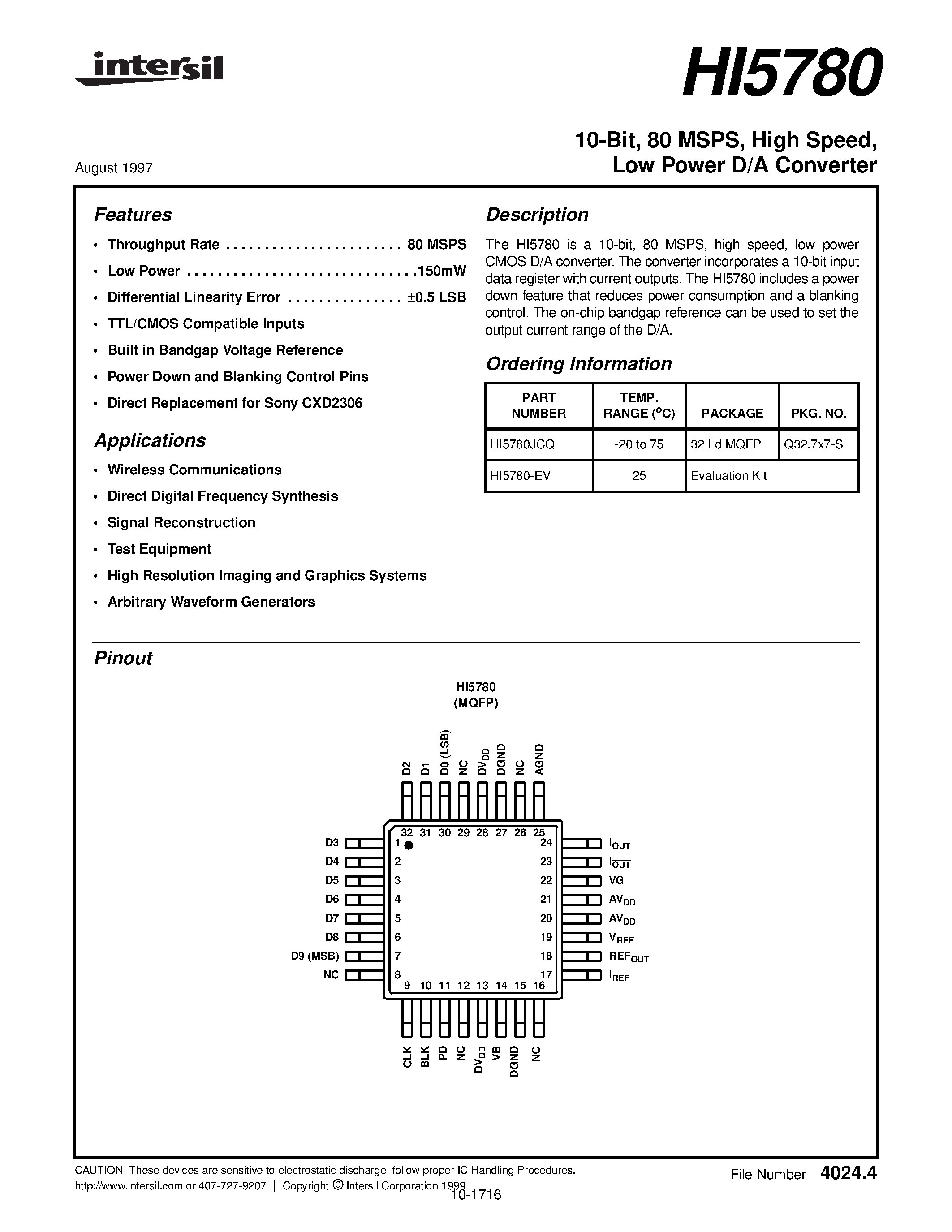 Даташит на микросхему HI5780 страница 1 Даташит HI5780 - A/D Converter страница 1