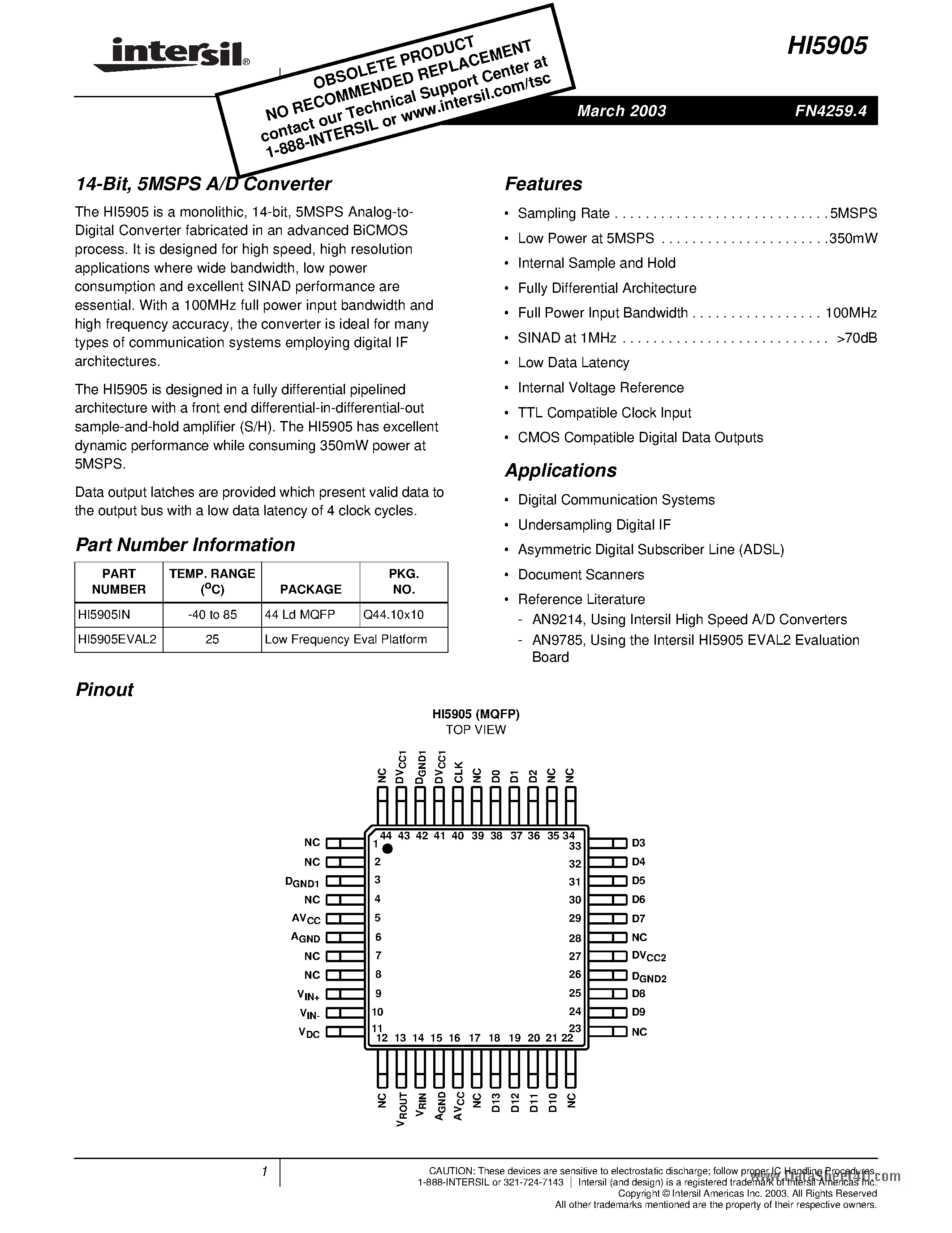 Даташит HI5905 - A/D Converter страница 1