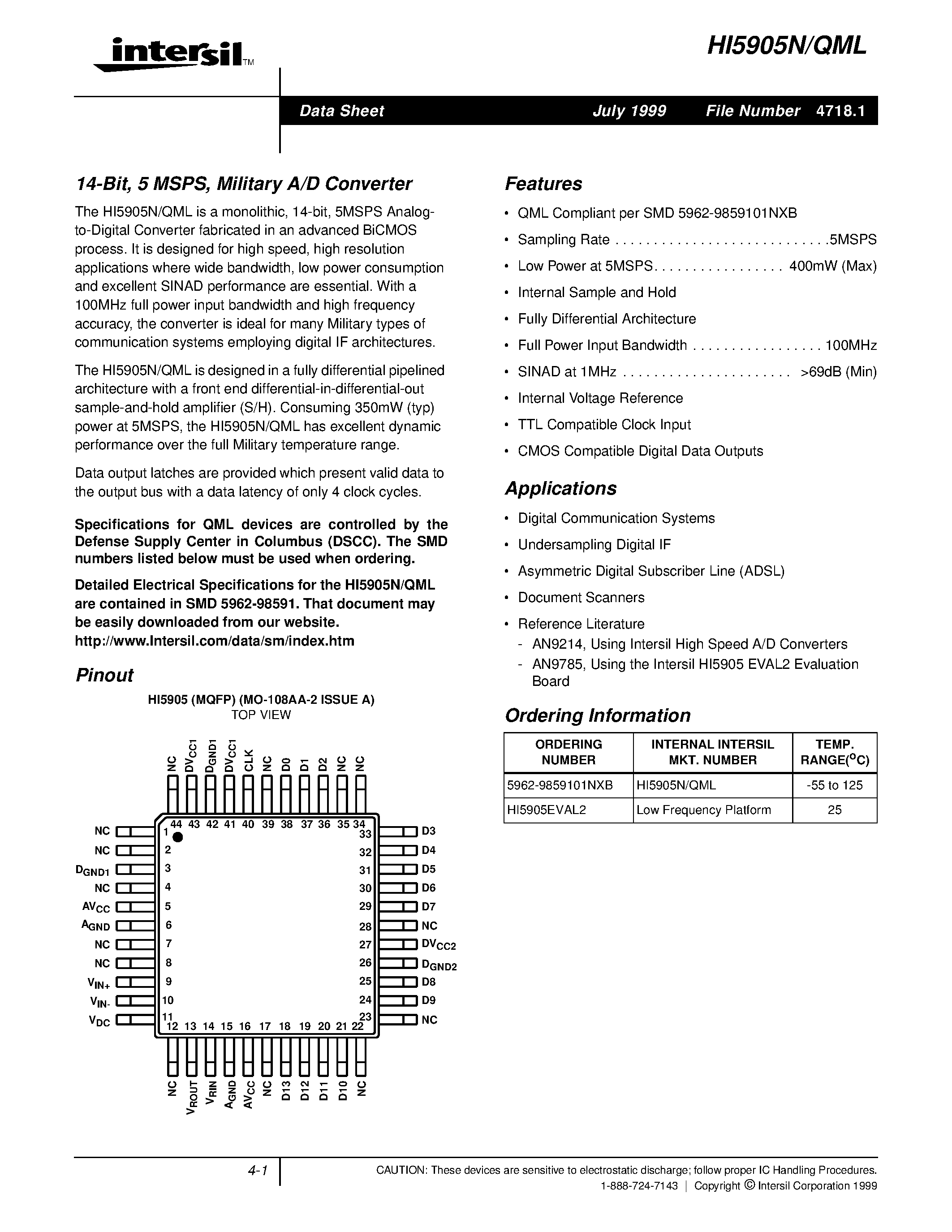 Даташит HI5905N - A/D Converter страница 1