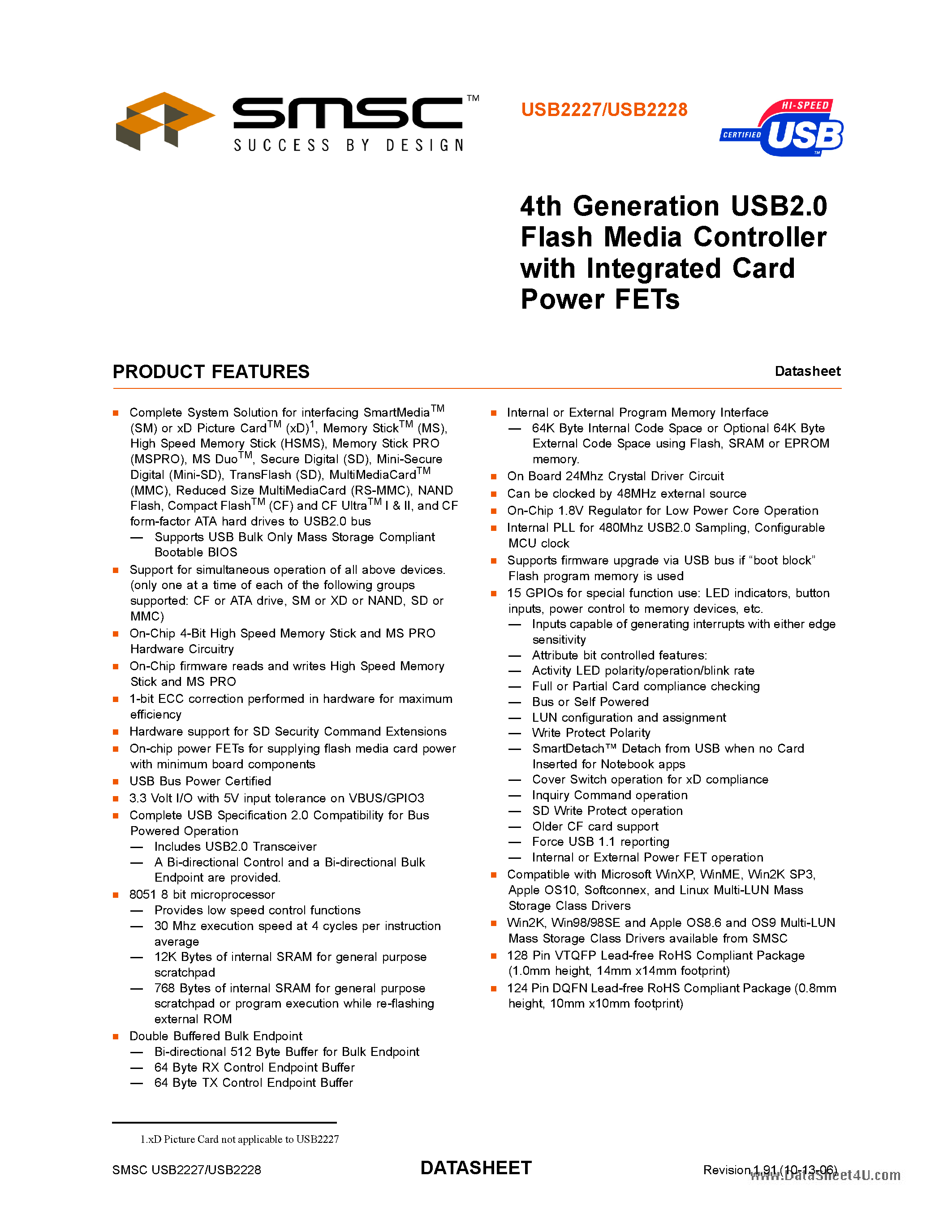 Datasheet USB2227 page 1 Datasheet USB2227 - (USB2227 / USB2228) 4th Generation USB2.0 Flash Media Controller page 1