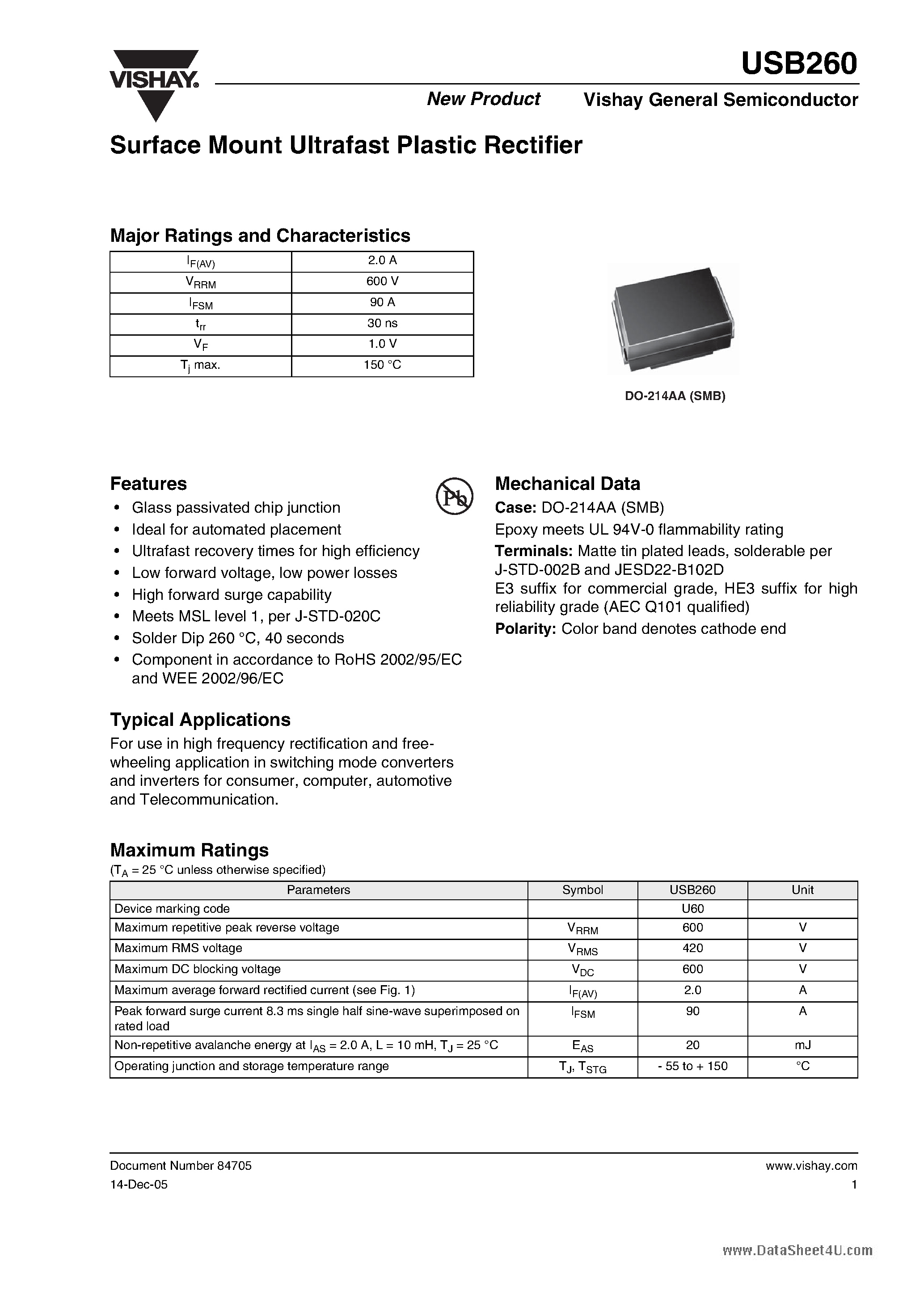 Datasheet USB260 - Surface Mount Ultrafast Plastic Rectifier page 1