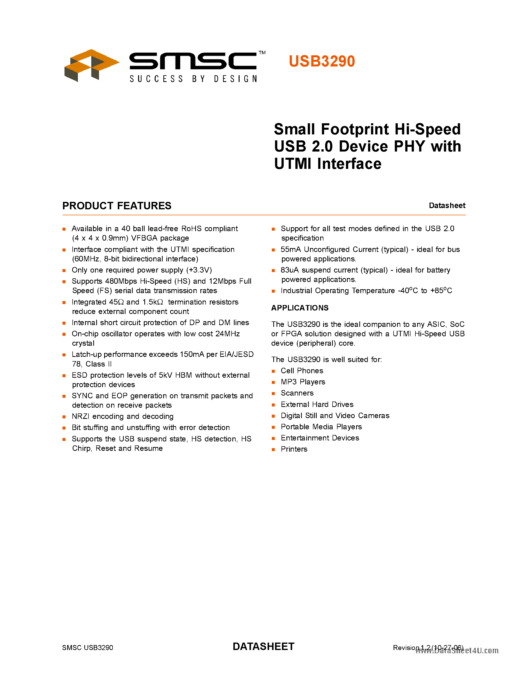 Datasheet USB3290 page 1 Datasheet USB3290 - Small Footprint Hi-Speed USB 2.0 Device PHY page 1