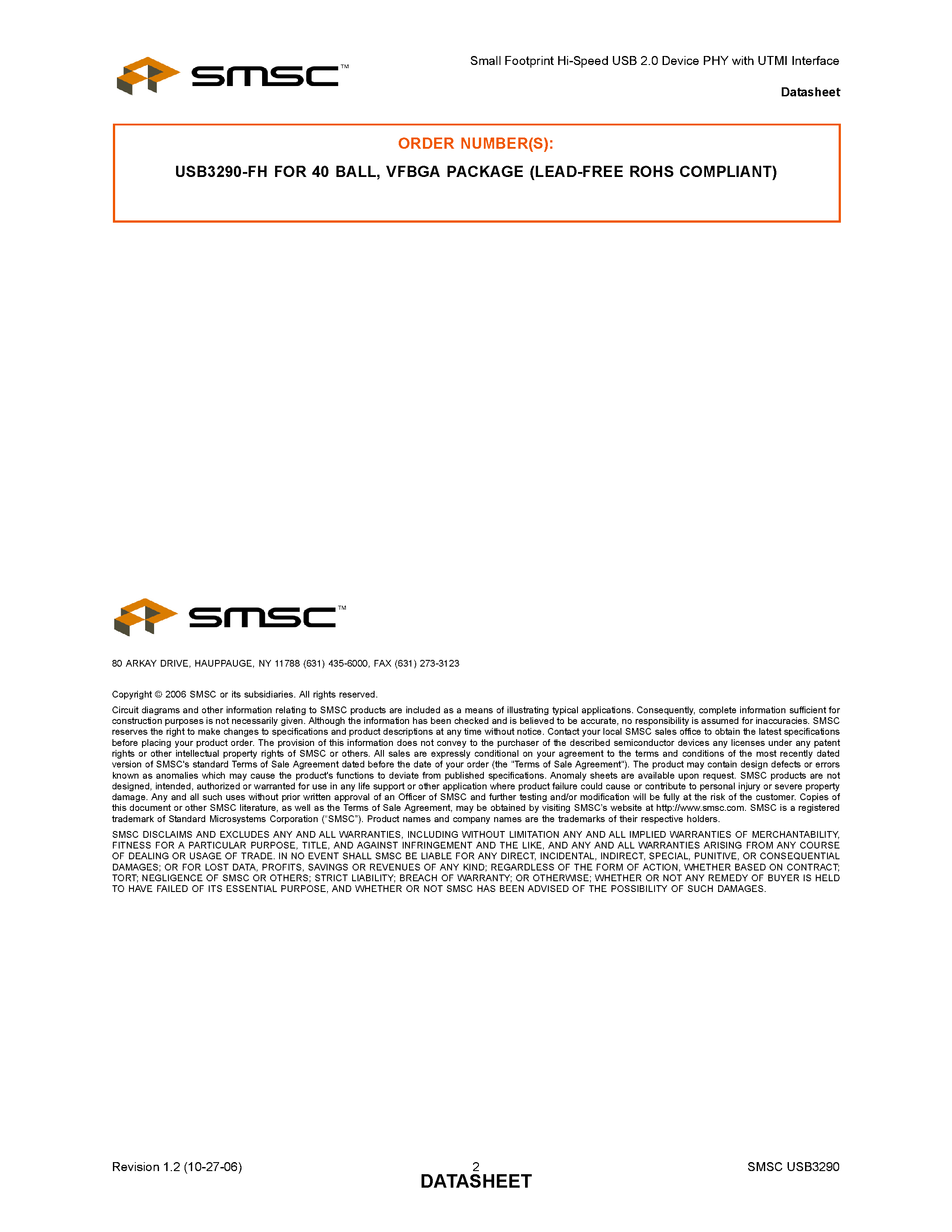 Datasheet USB3290 page 2 Datasheet USB3290 - Small Footprint Hi-Speed USB 2.0 Device PHY page 2