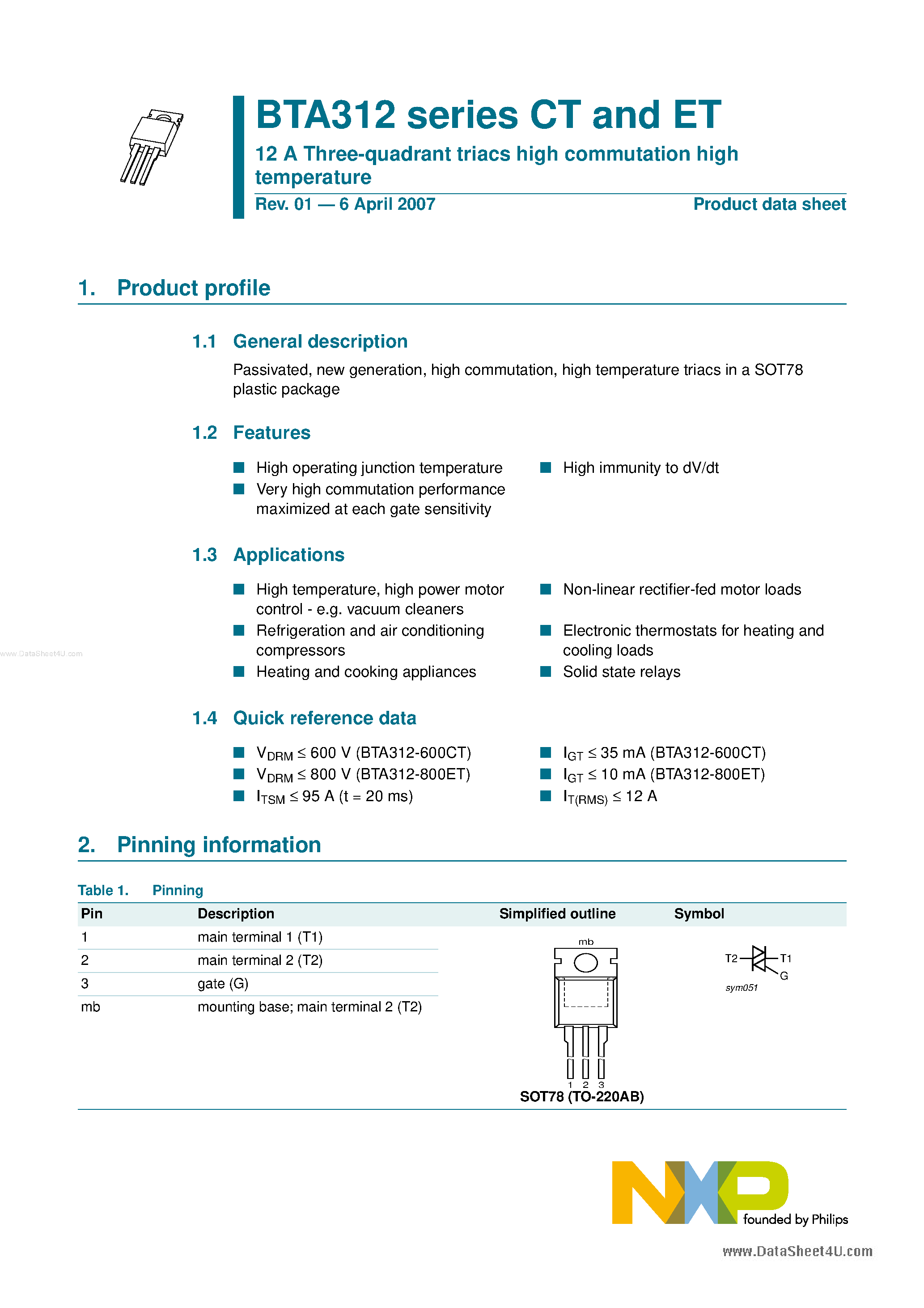 Datasheet BTA312 - 12A 3-Quadrant Triacs High Commutation page 1