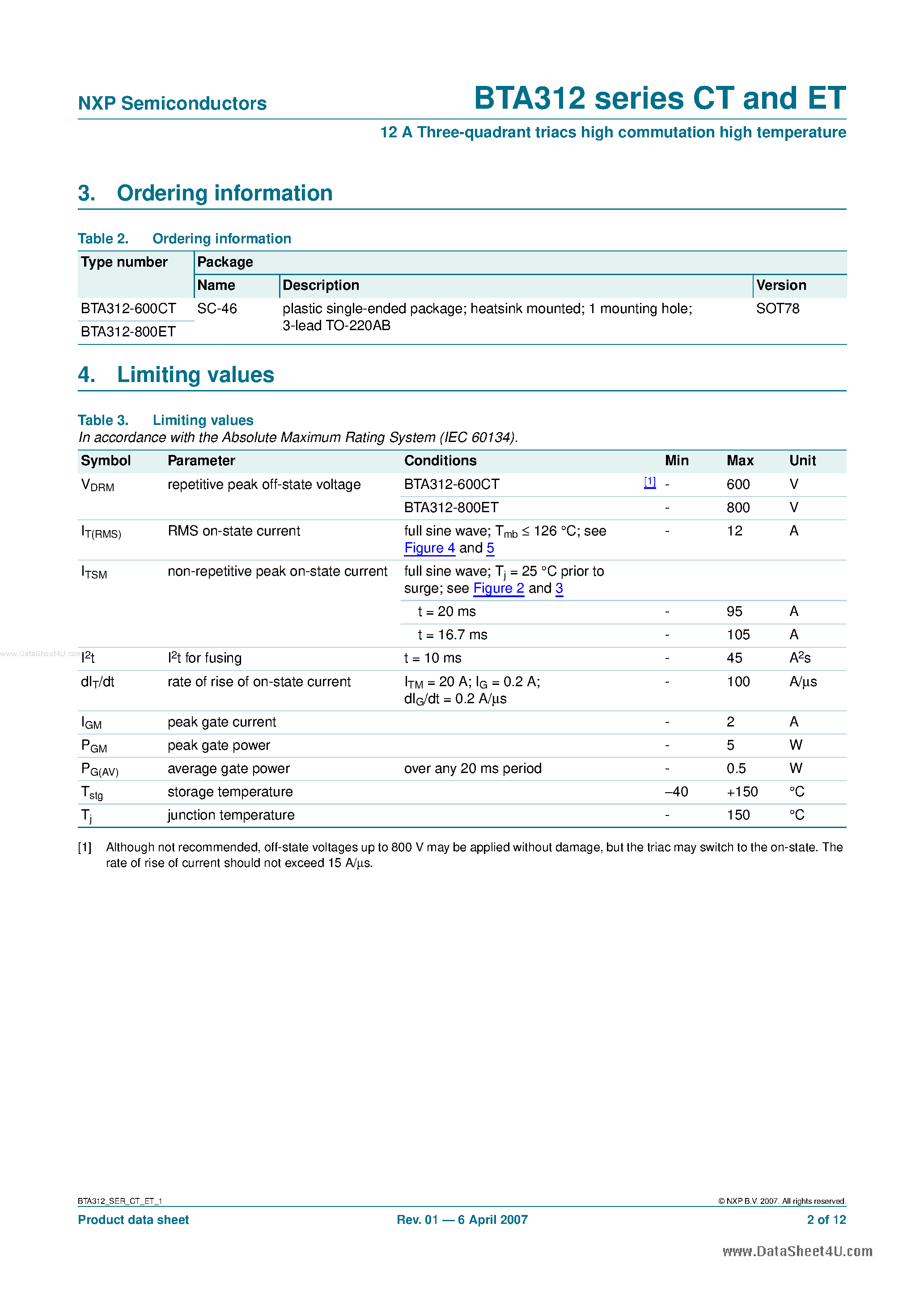 Datasheet BTA312 - 12A 3-Quadrant Triacs High Commutation page 2