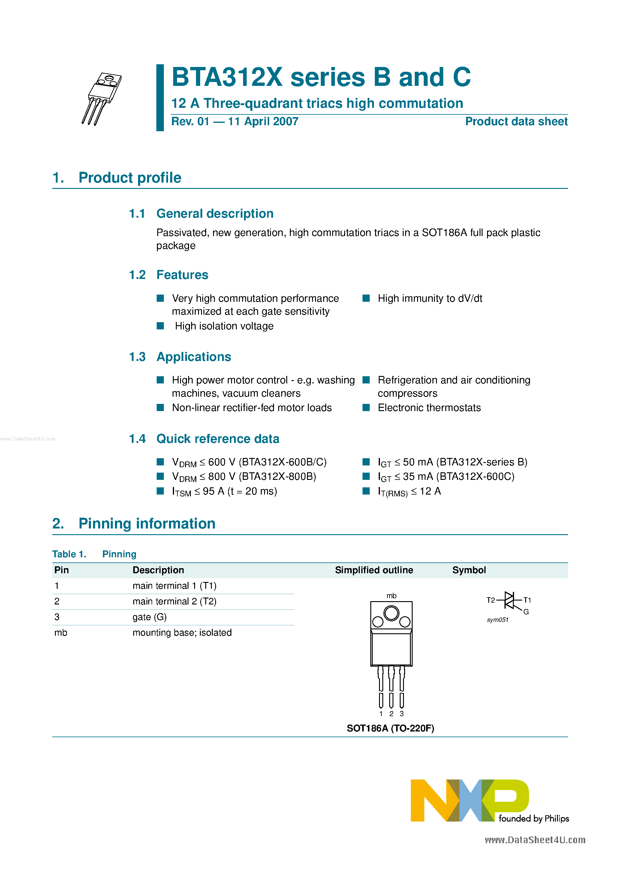 Datasheet BTA312x page 1 Datasheet BTA312x - 12A 3-Quadrant Triacs High Commutation page 1