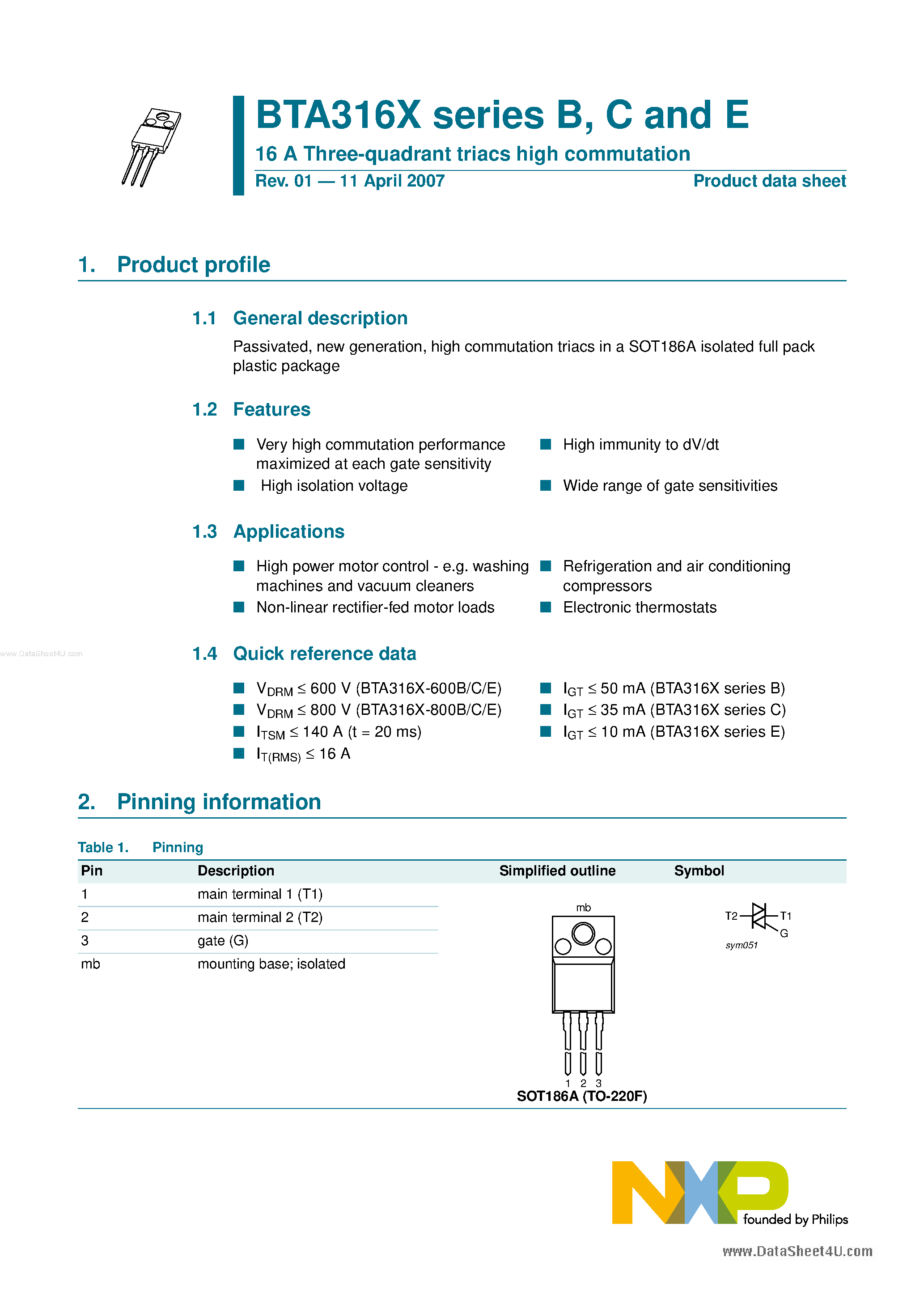 Datasheet BTA316x page 1 Datasheet BTA316x - 16A 3-Quadrant Triacs High Commutation page 1