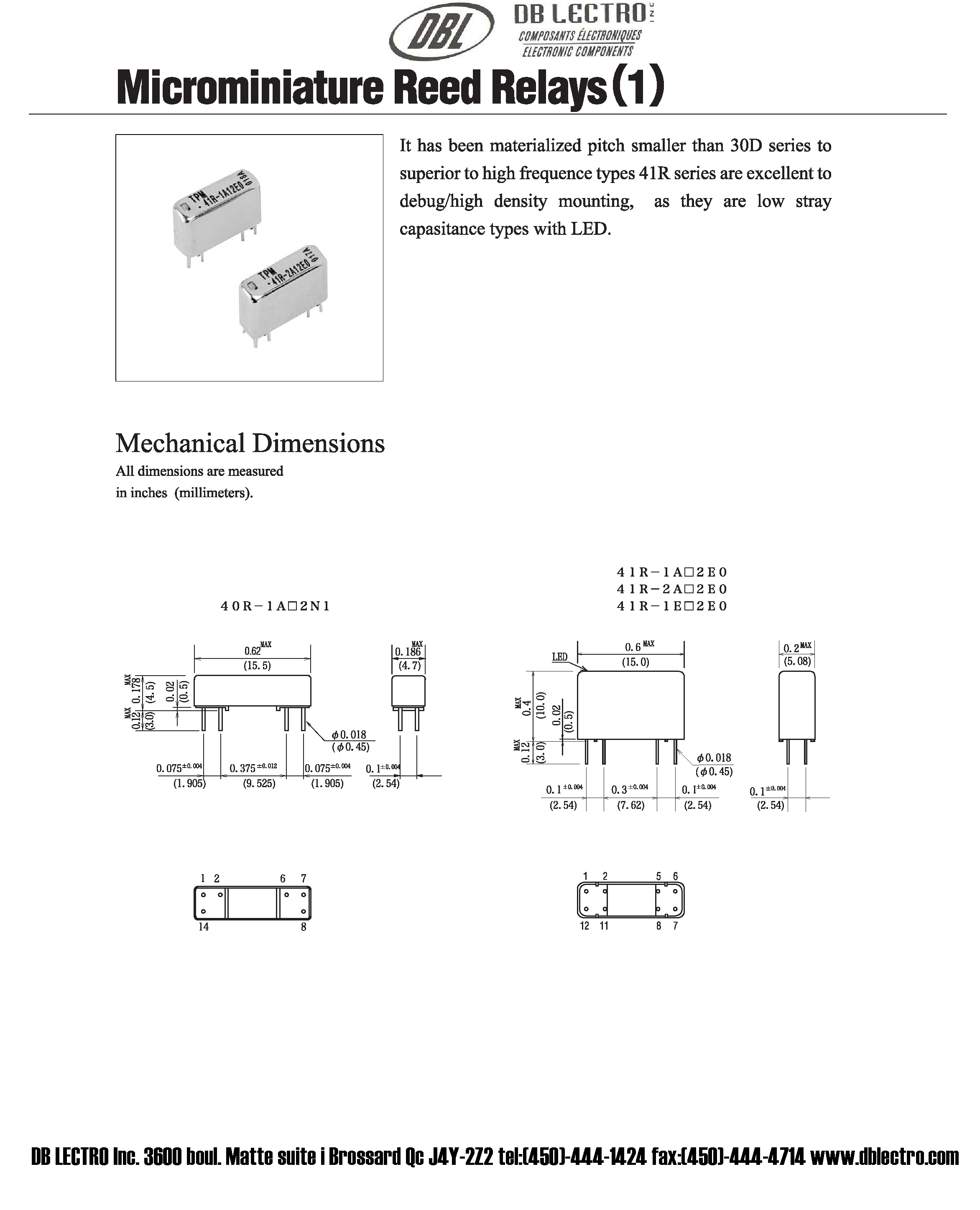 Datasheet 40R-1A12N1 - MICROMINIATURE REED RELAYS page 1