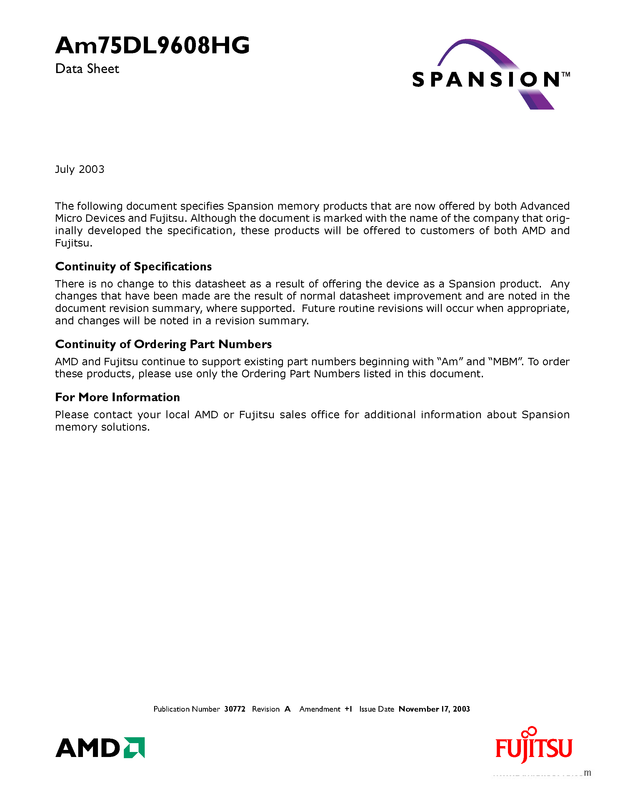 Datasheet AM75DL9608HG page 1 Datasheet AM75DL9608HG - Simultaneous Operation Flash Memories page 1