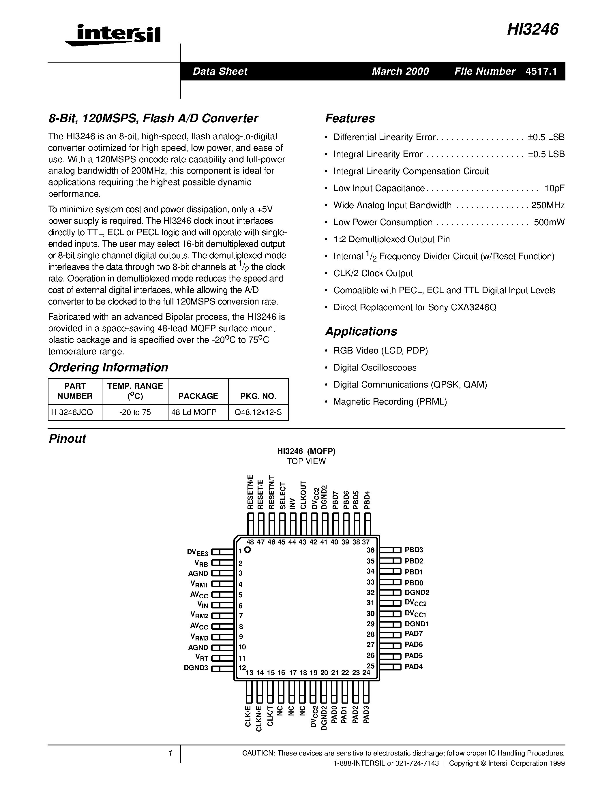 Даташит на микросхему HI3246 страница 1 Даташит HI3246 - Flash A/D Converter страница 1
