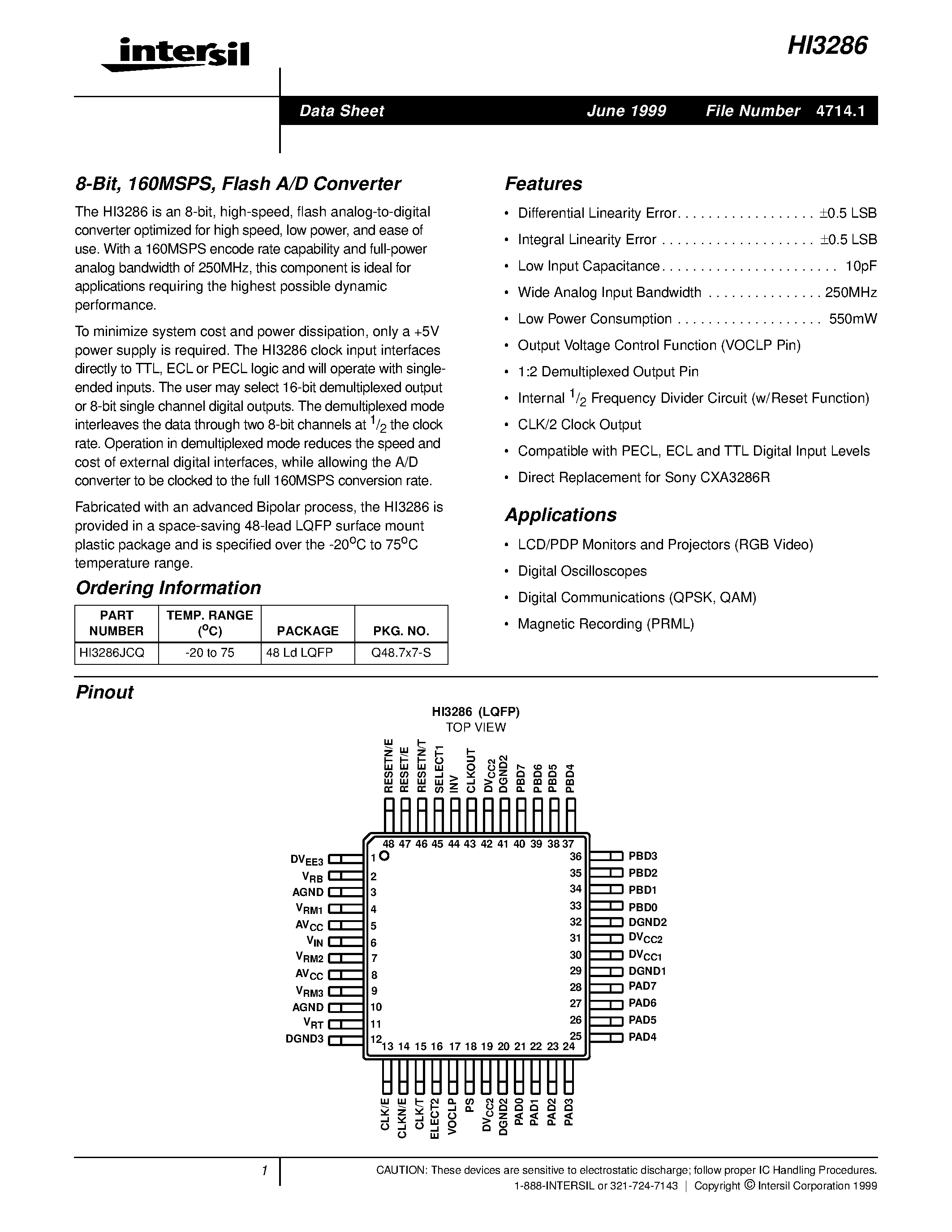 Даташит на микросхему HI3286 страница 1 Даташит HI3286 - Flash A/D Converter страница 1