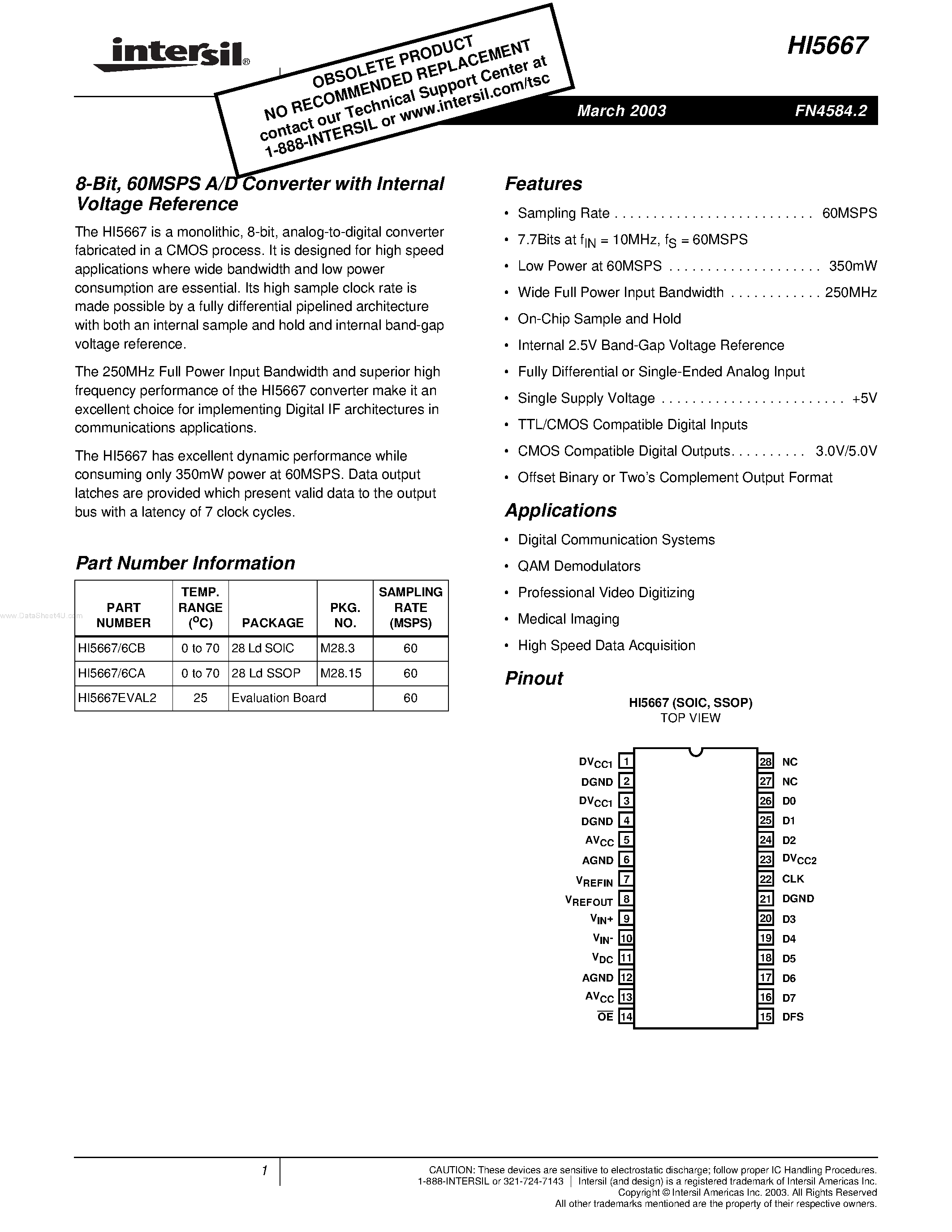 Даташит HI5667 - 60MSPS A/D Converter страница 1