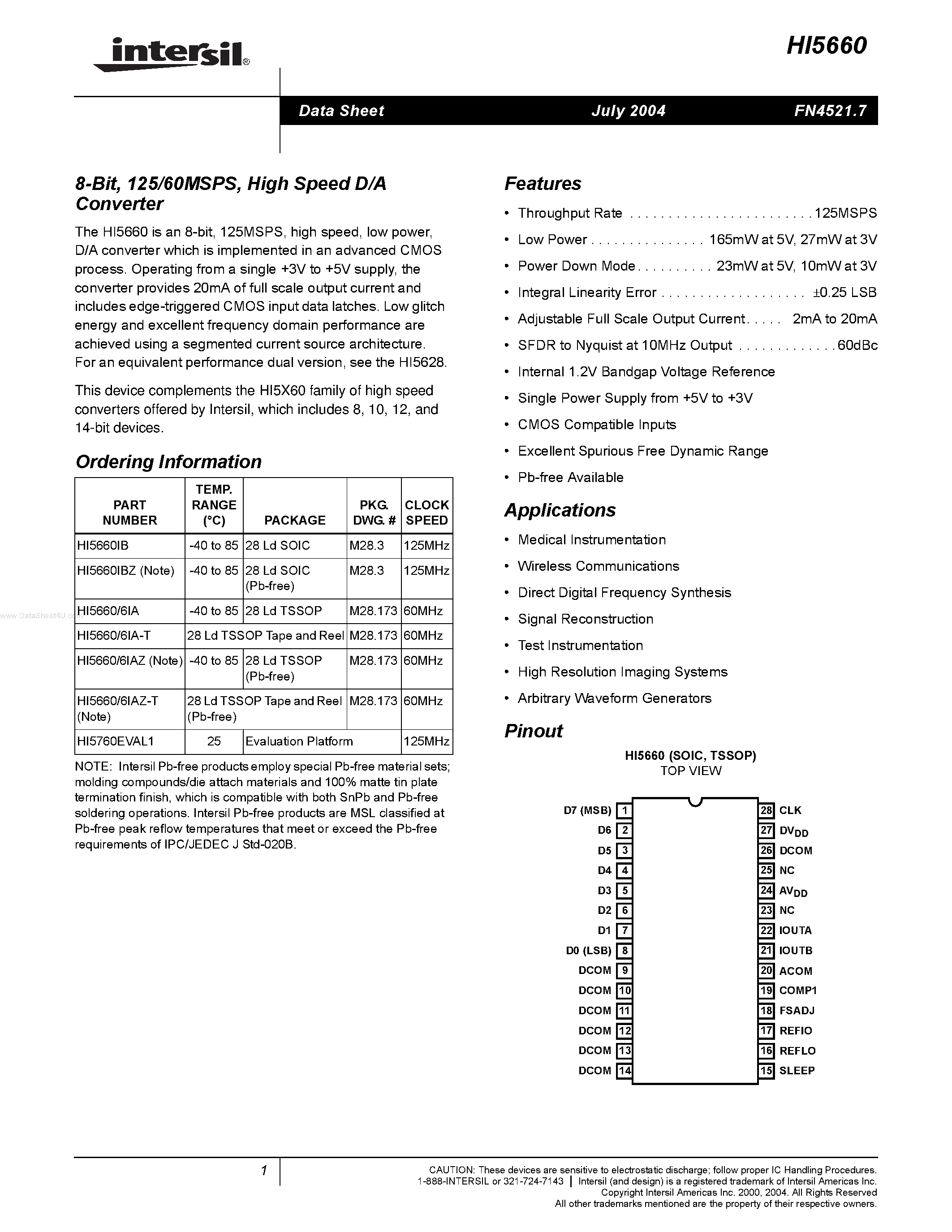Даташит HI5660 - High Speed D/A Converter страница 1