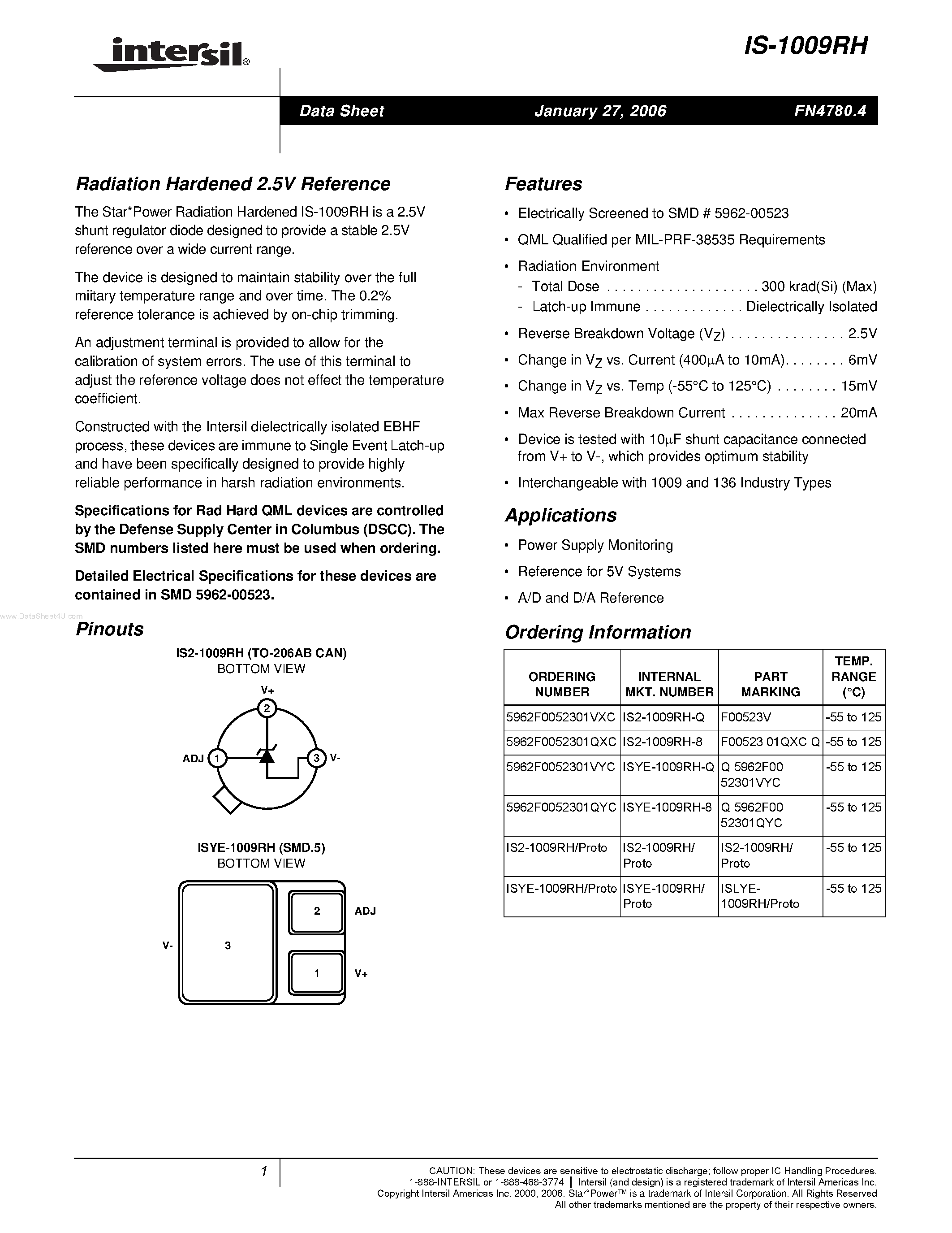 Datasheet IS-1009RH page 1 Datasheet IS-1009RH - Radiation Hardened 2.5V Reference page 1