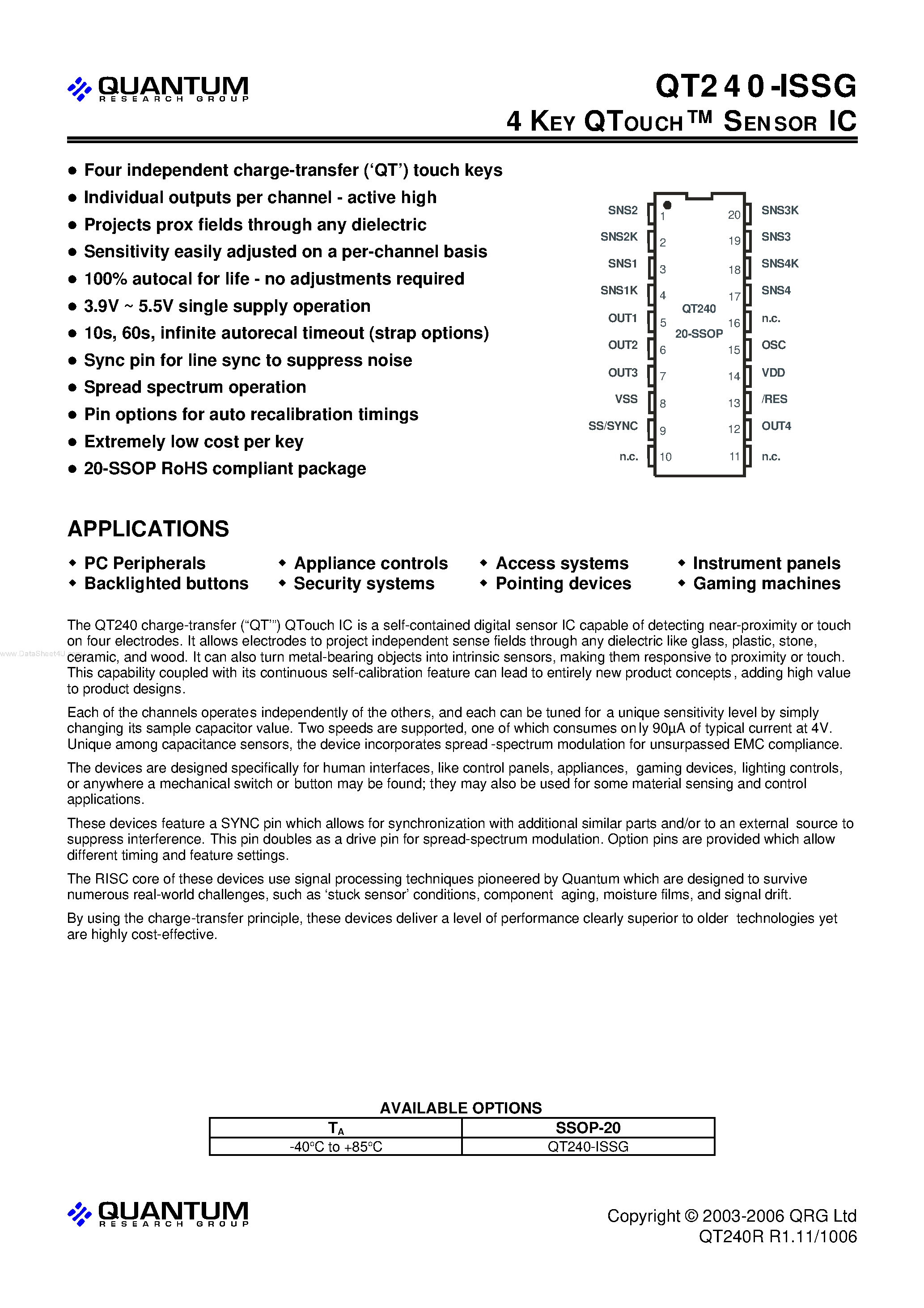 Datasheet QT240-ISSG page 1 Datasheet QT240-ISSG - 4 KEY QTOUCH SENSOR IC page 1