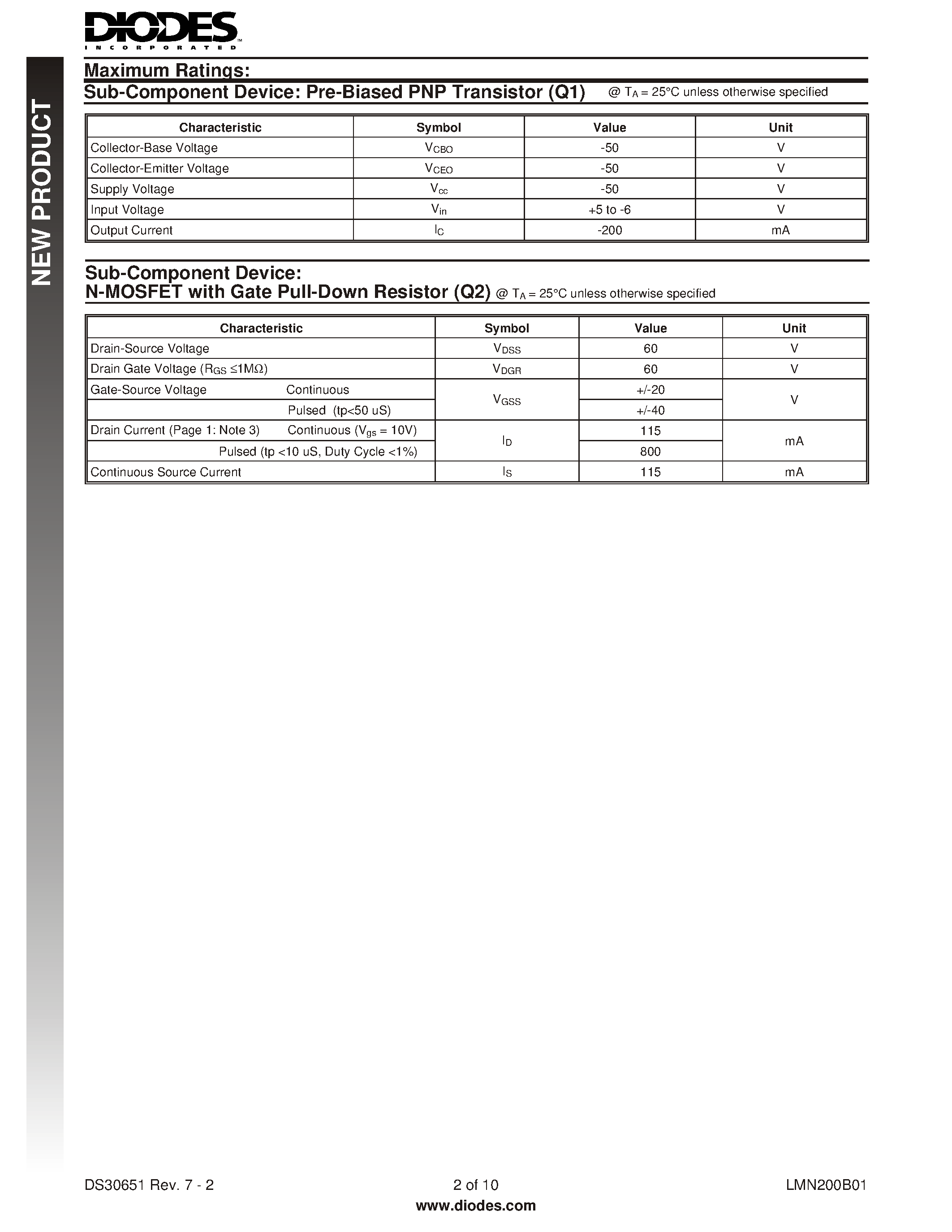 Datasheet LMN200B01 page 2 Datasheet LMN200B01 - 200 mA LOAD SWITCH FEATURING PRE-BIASED PNP TRANSISTOR AND N-MOSFET page 2