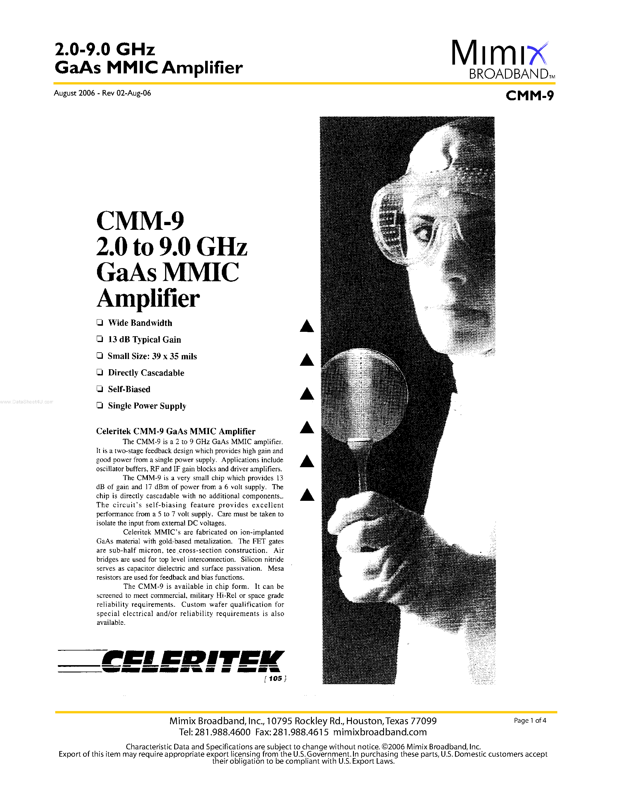 Datasheet CMM-9 - GaAs MMIC Amplifier page 1
