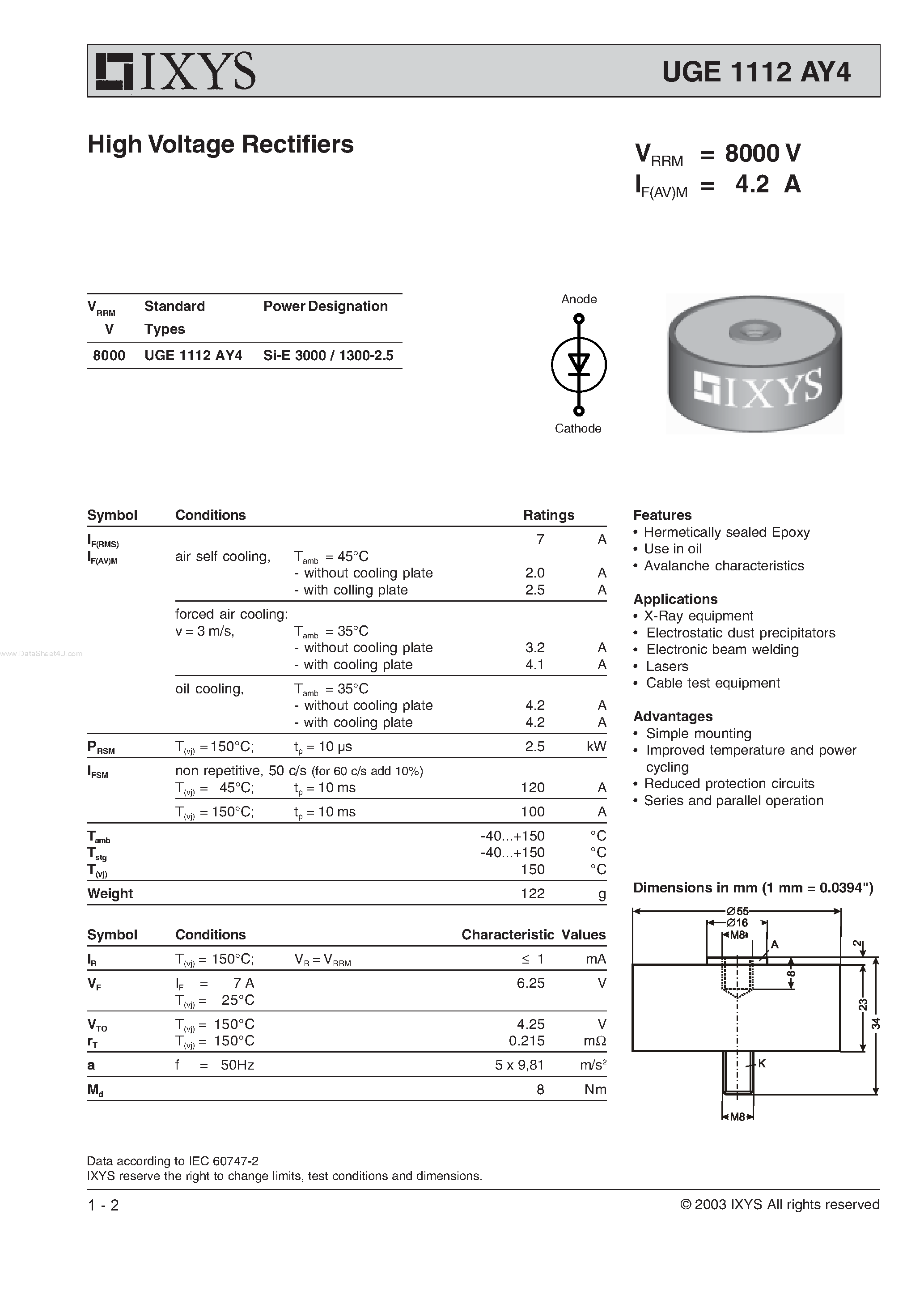 Datasheet UGE1112AY4 - High Voltage rectifiers Hochspannungs-gleichrichter page 1