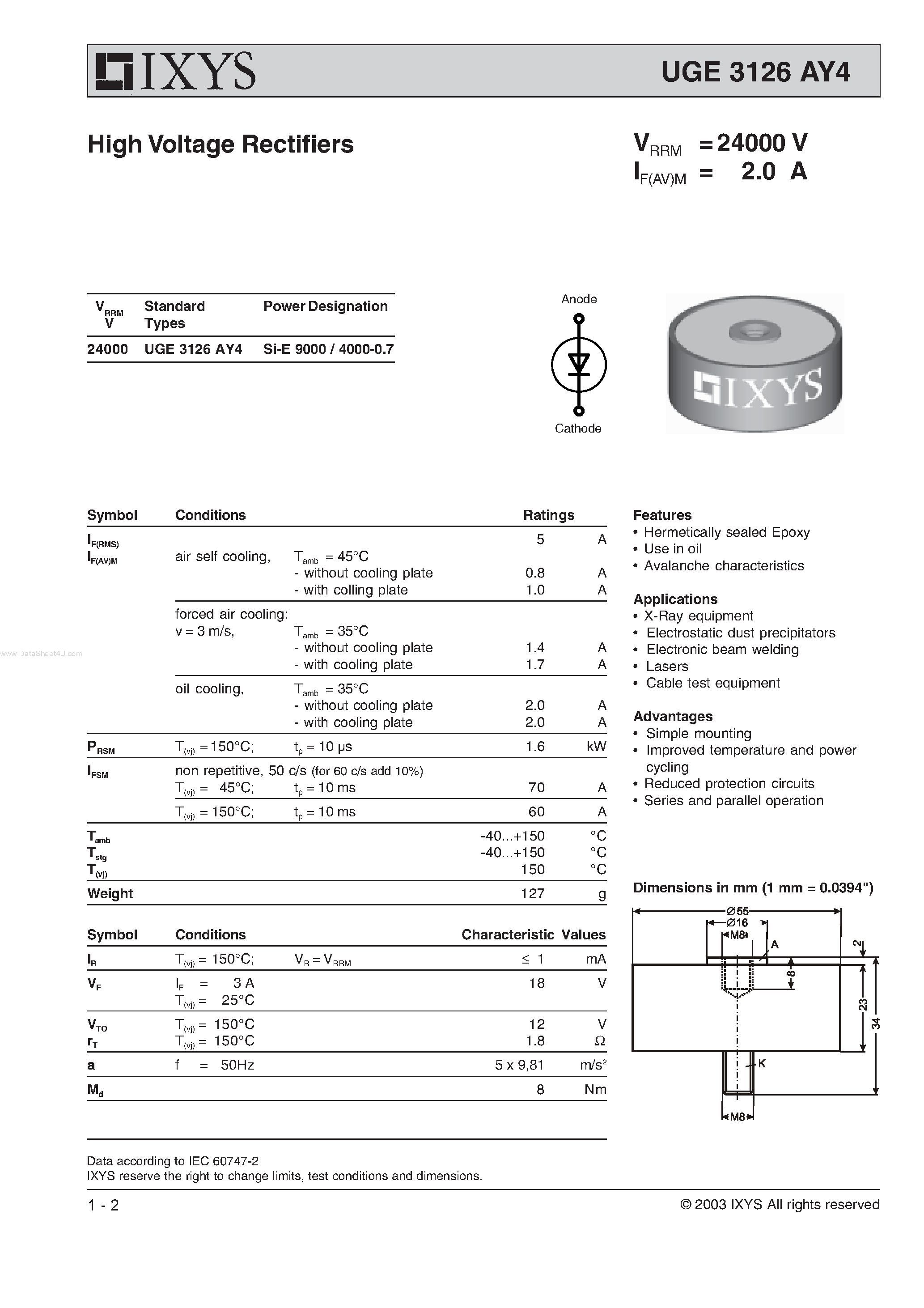 Datasheet UGE3126AY4 - High Voltage rectifiers Hochspannungs-gleichrichter page 1