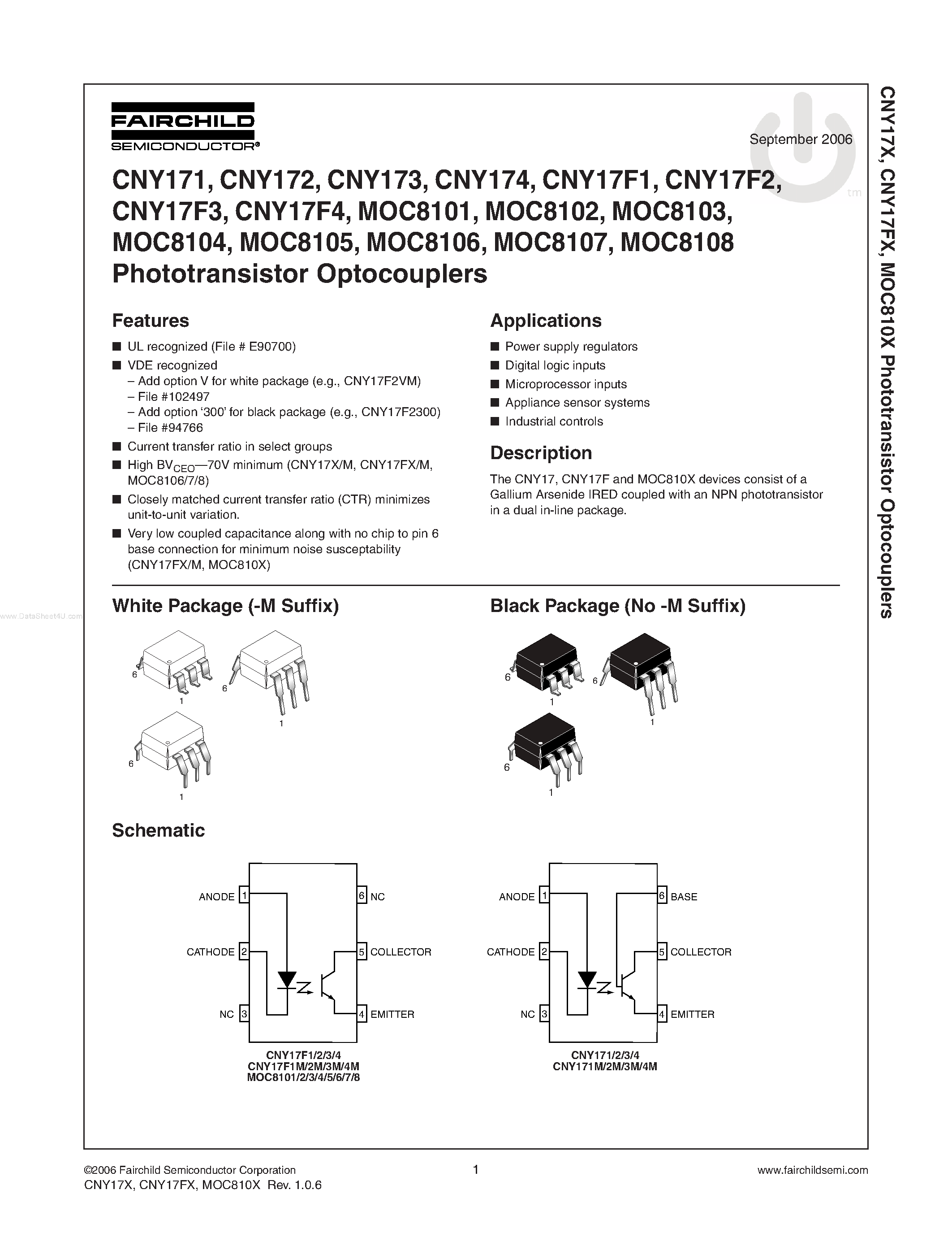 Datasheet MOC8101 - (MOC8101 - MOC8108) Phototransistor Optocouplers page 1