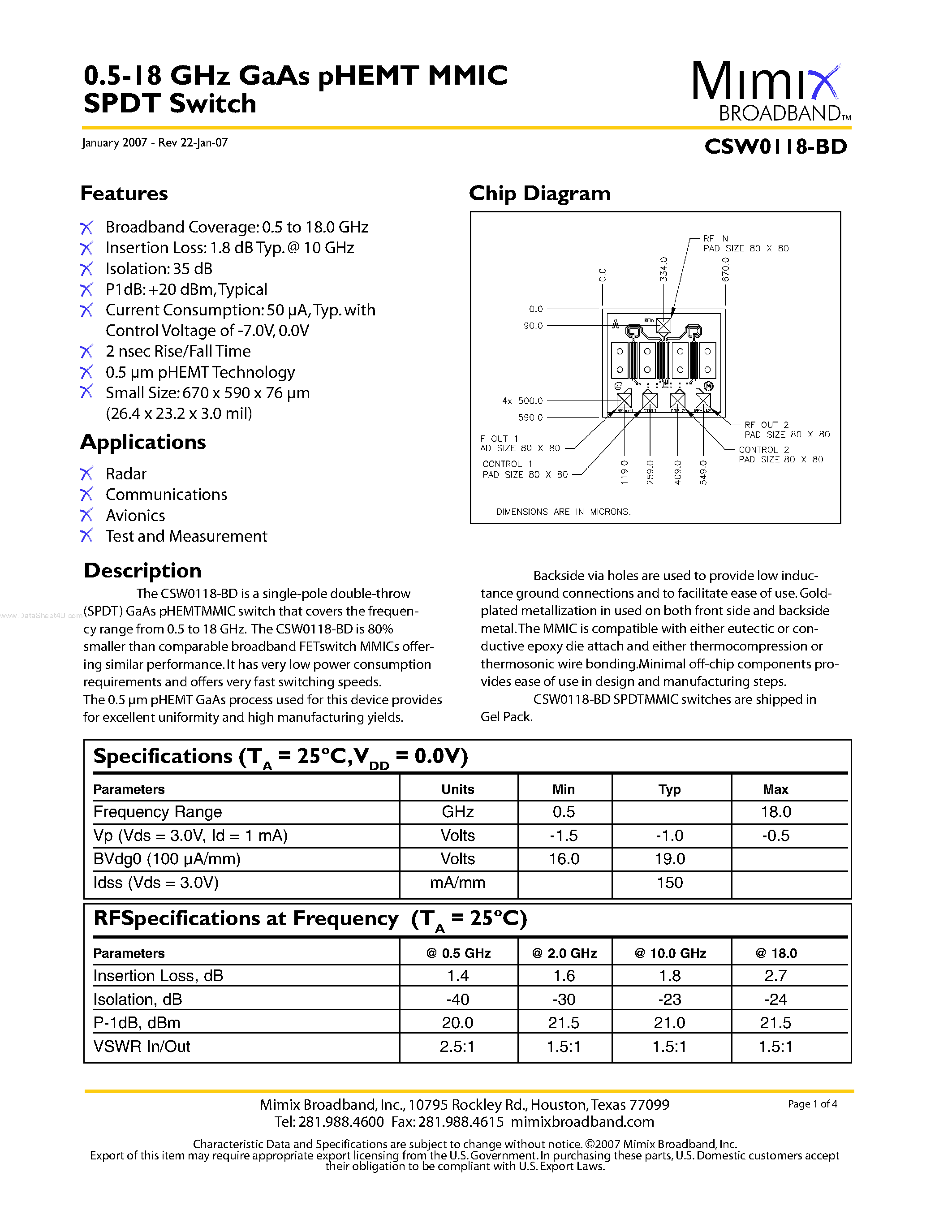 Даташит на микросхему CSW0118-BD страница 1 Даташит CSW0118-BD - GaAs pHEMT MMIC SPDT Switch страница 1