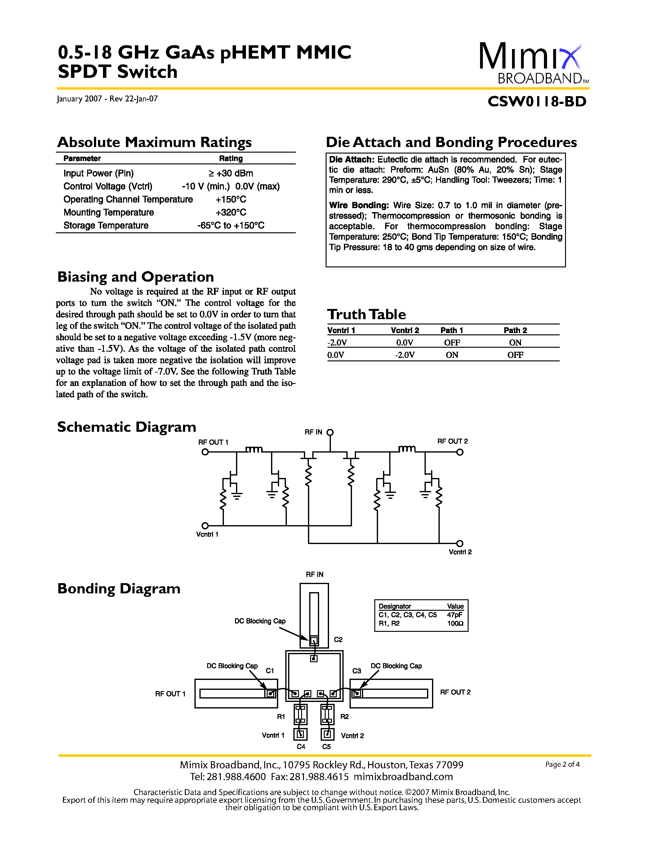 Даташит на микросхему CSW0118-BD страница 2 Даташит CSW0118-BD - GaAs pHEMT MMIC SPDT Switch страница 2