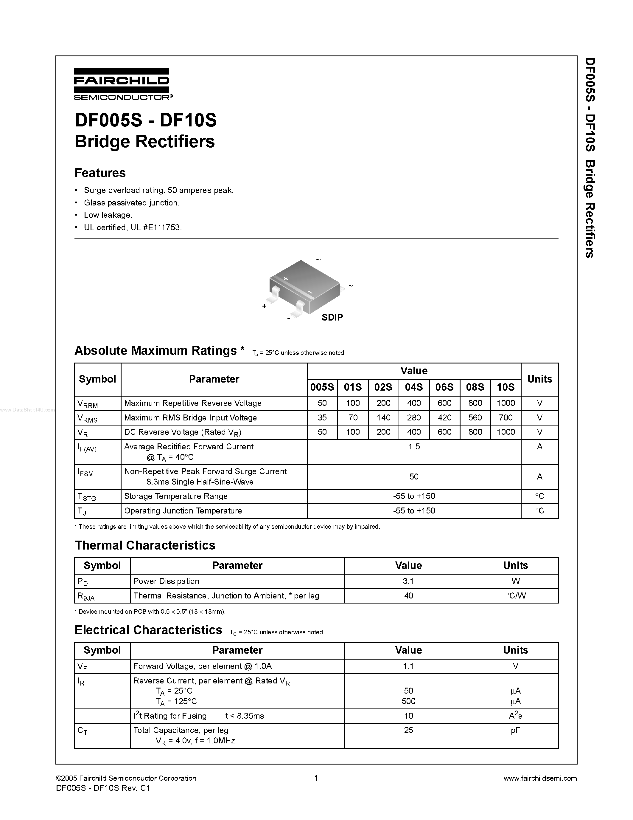 Даташит DF01S - (DF01S - DF08S) Bridge Rectifiers страница 1